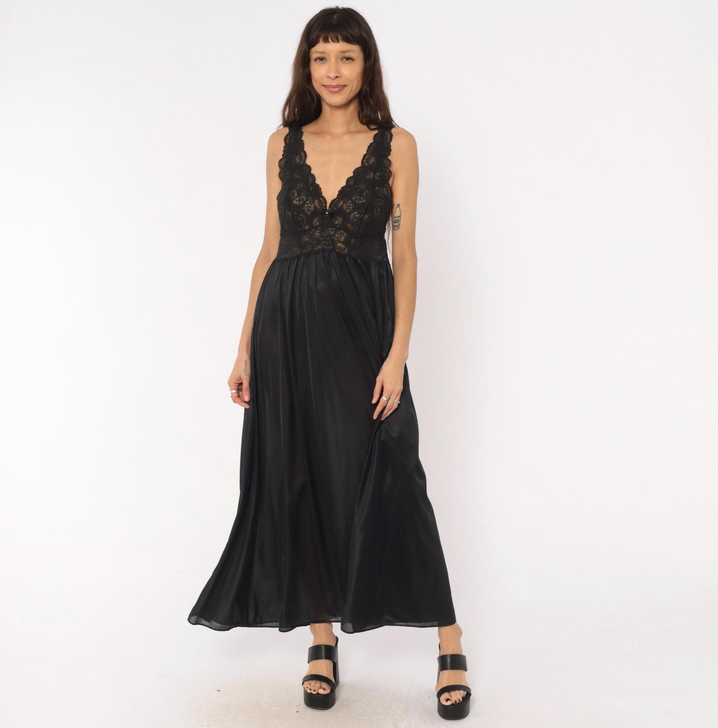 80s Shadowline Black Lace Maxi Nightgown Deep V Sheer Bodice Large L