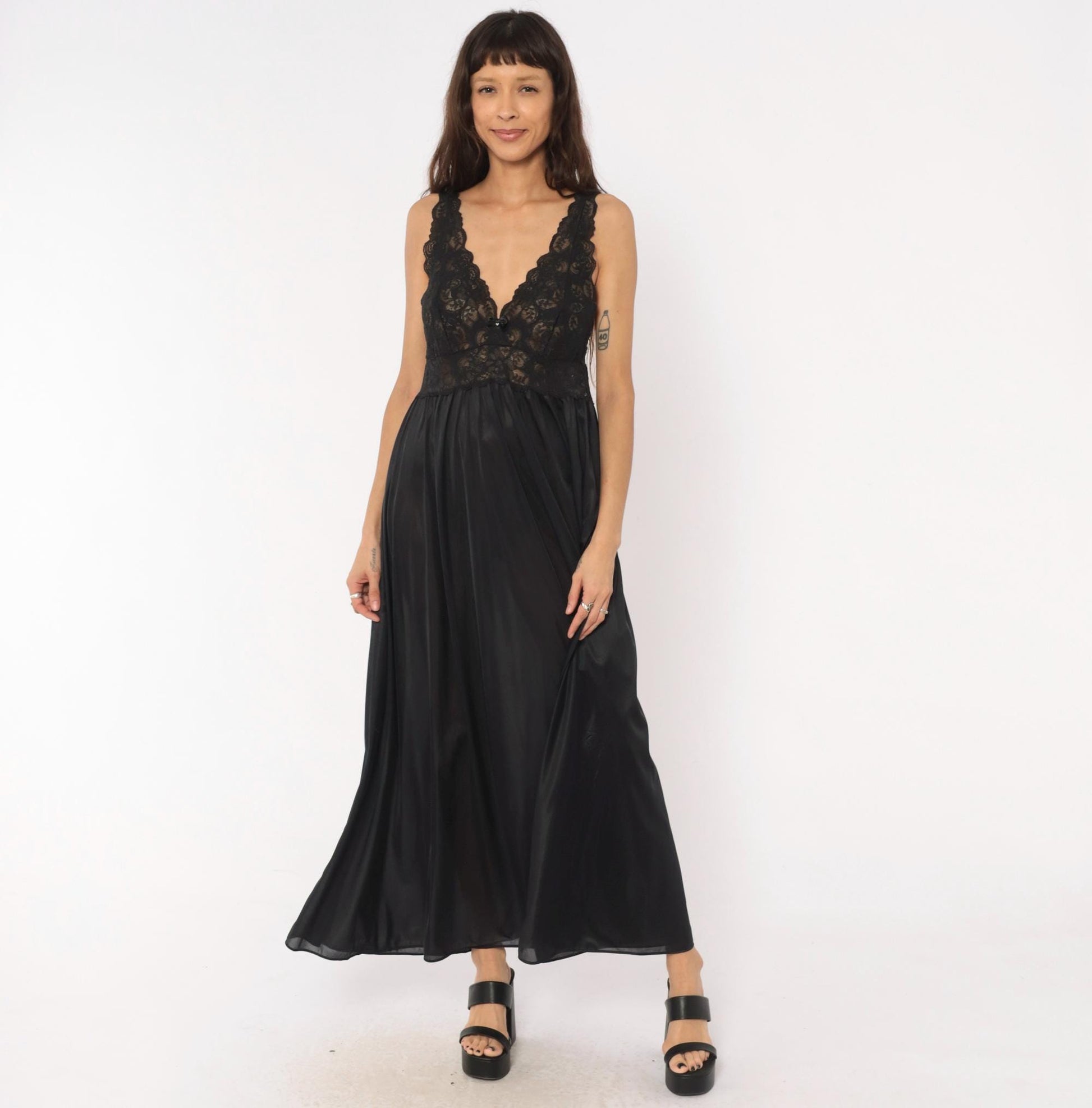 80s Shadowline Black Lace Maxi Nightgown Deep V Sheer Bodice Large L