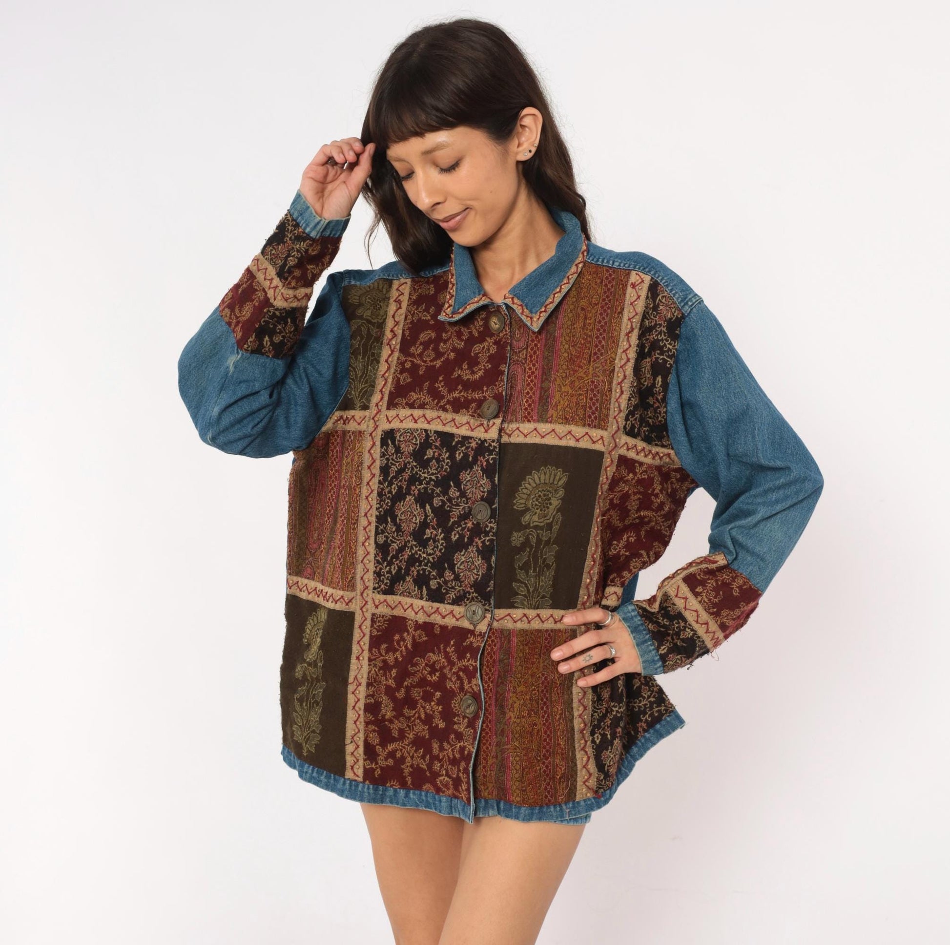 Y2K Units Woman Patchwork Denim Jacket Floral Tapestry Burgundy Extra Large XL