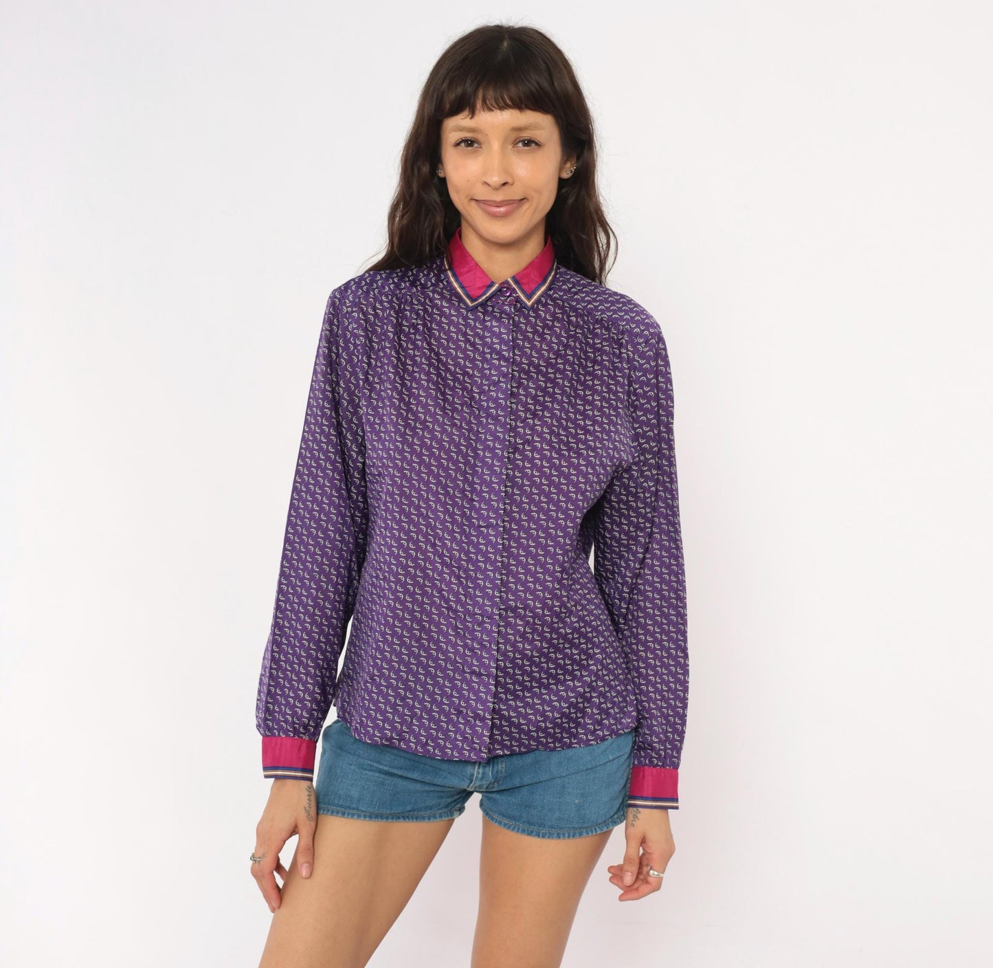 80s Lady Arrow Purple Paisley Button Blouse Pink Contrast Cuffs Medium