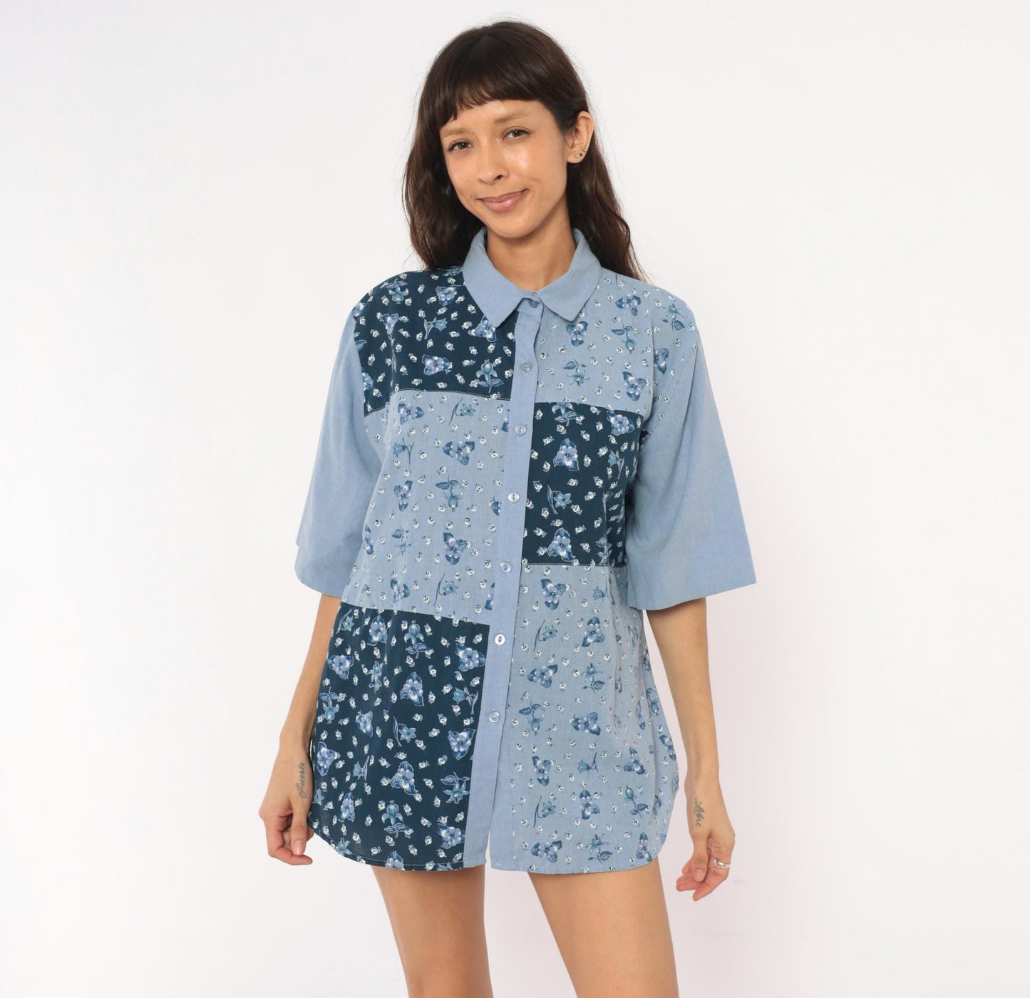 90s Tapestry Patchwork Floral Button-Up Shirt Blue Navy Cotton Blend Extra Large