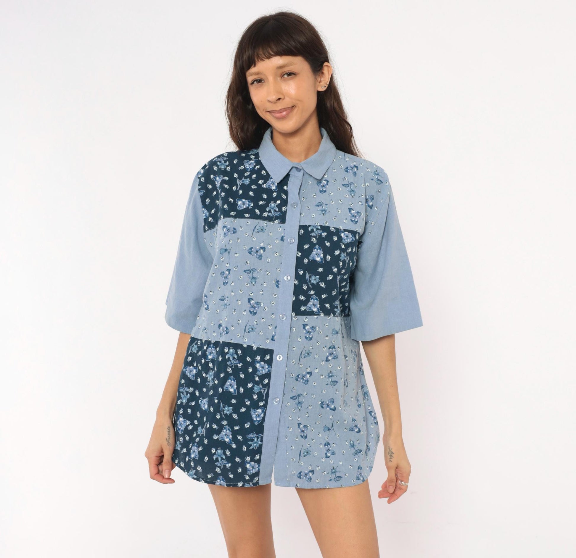 90s Tapestry Patchwork Floral Button-Up Shirt Blue Navy Cotton Blend Extra Large