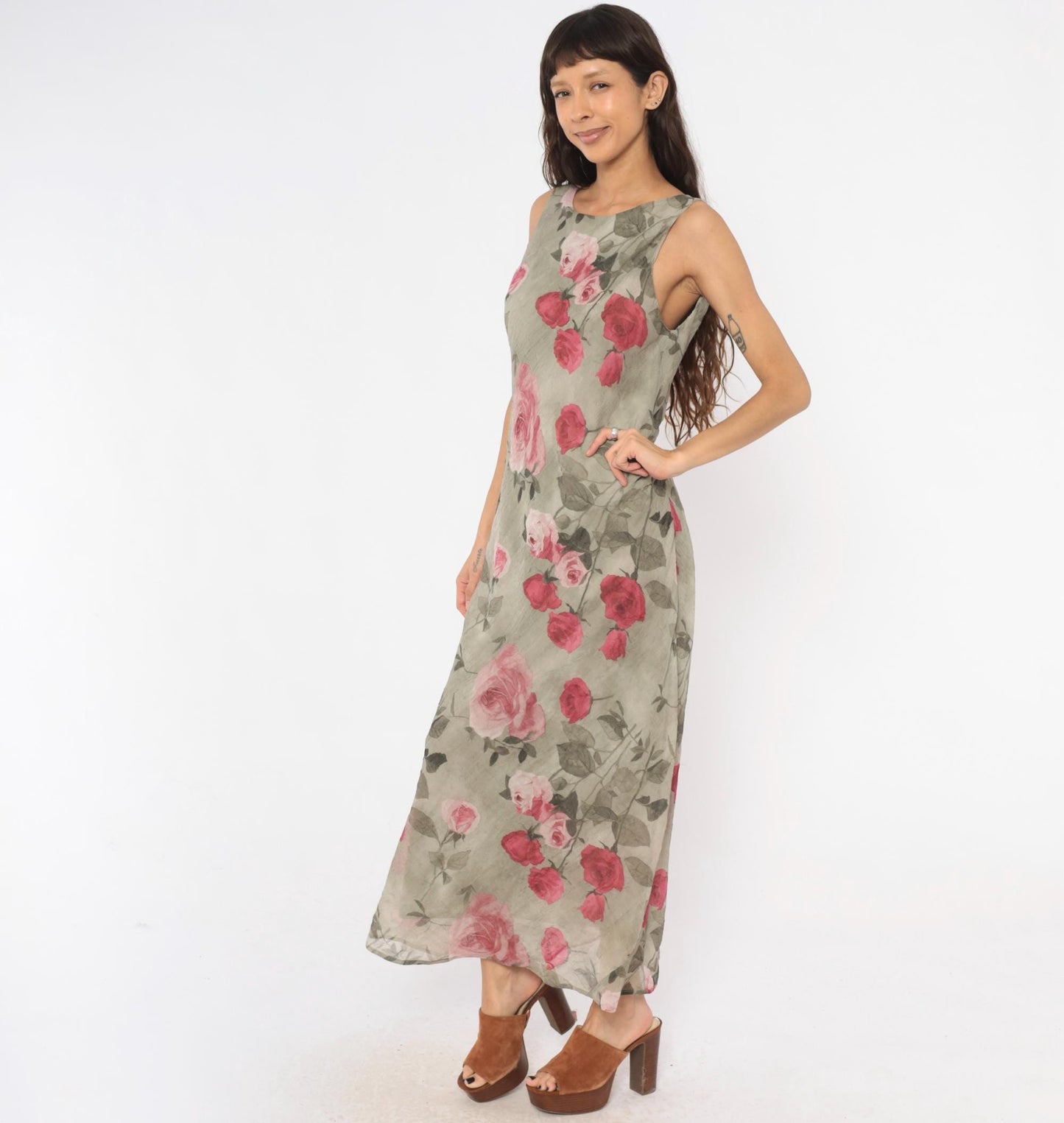 90s Dressbarn Maxi Dress Olive Rose Floral Chiffon Sleeveless Large L