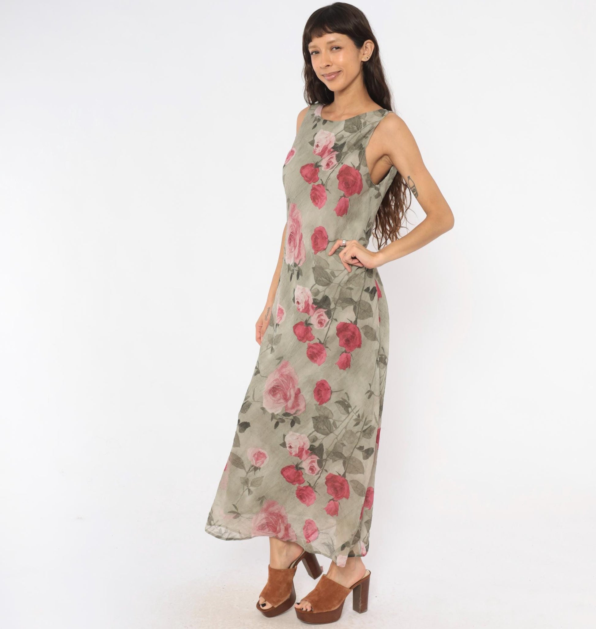 90s Dressbarn Maxi Dress Olive Rose Floral Chiffon Sleeveless Large L