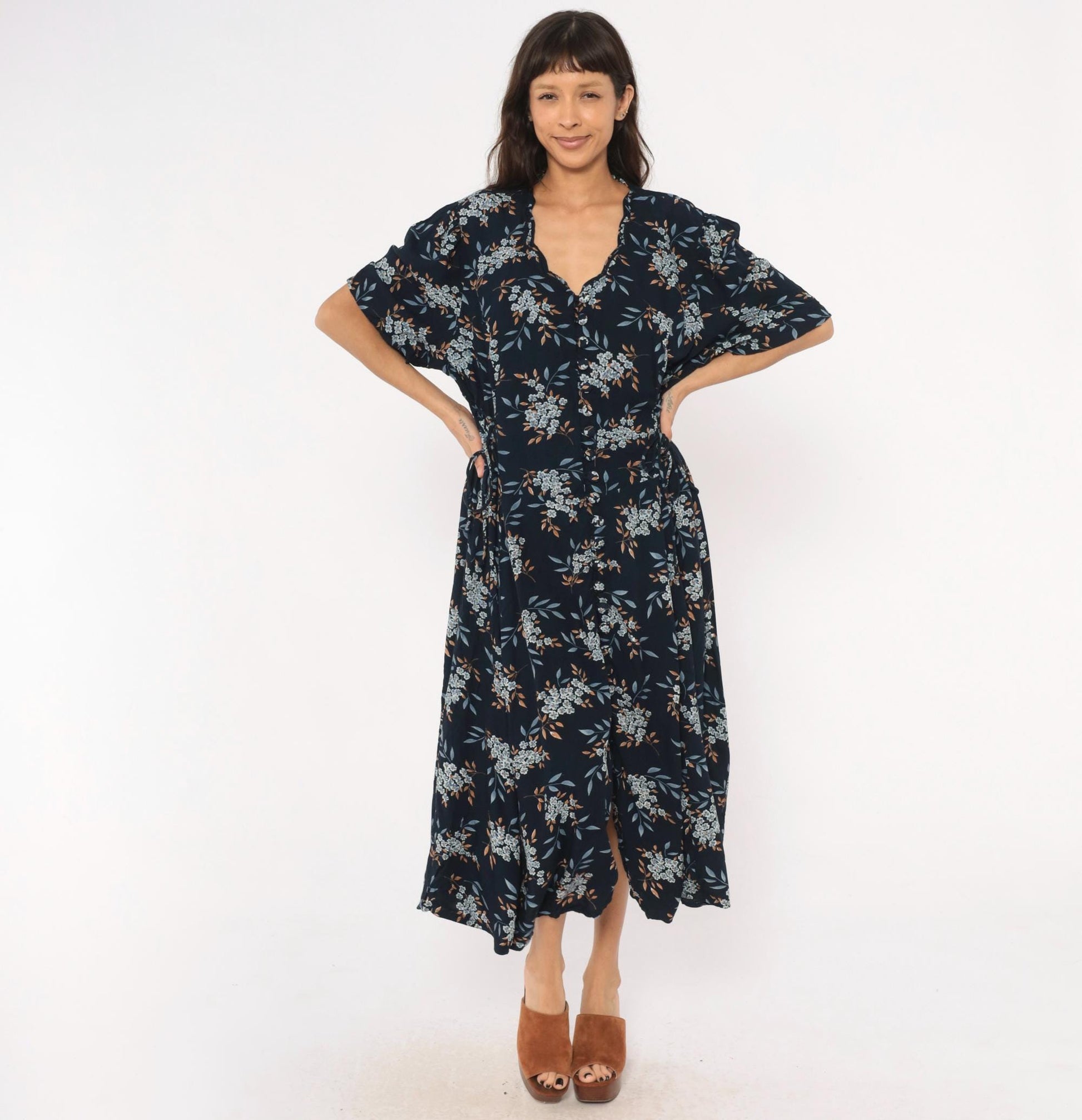 90s Jamie Brooke Floral Midi Dress Navy Blue Tie Waist Plus Size 20W