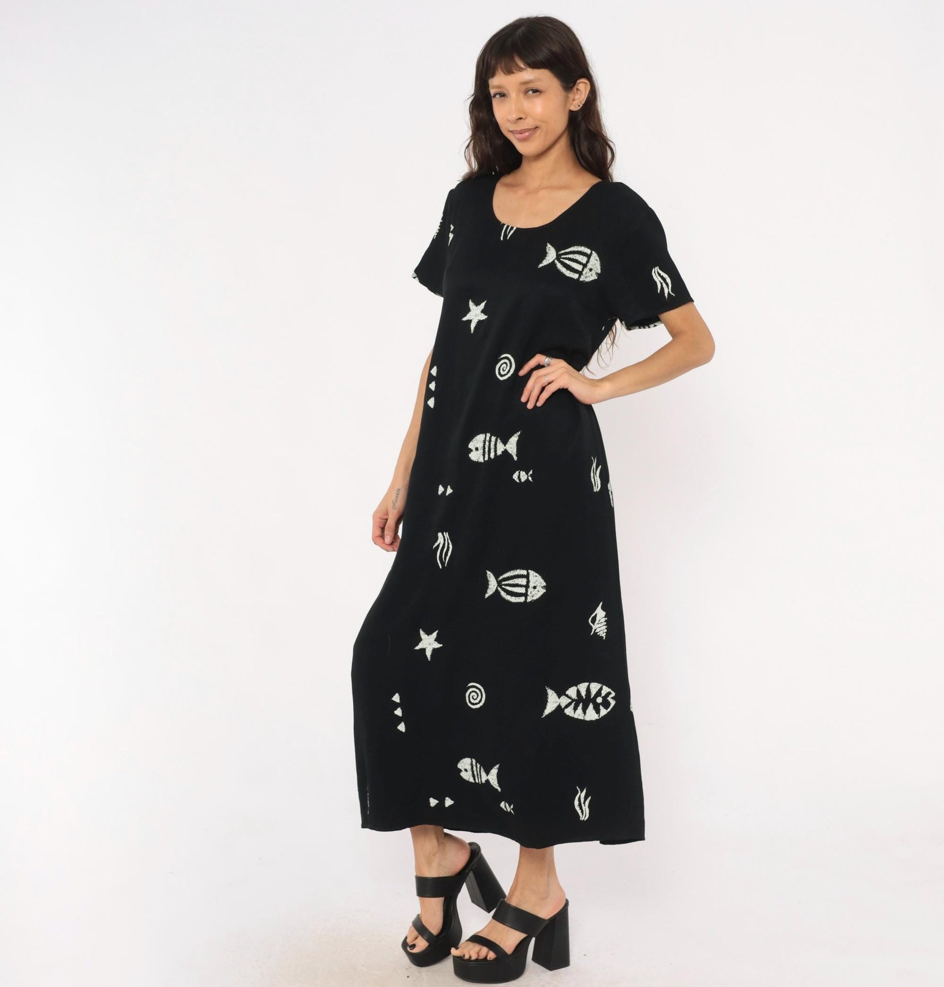 90s Connie Choi Fish Print Maxi Dress Black White Sea Life Large L