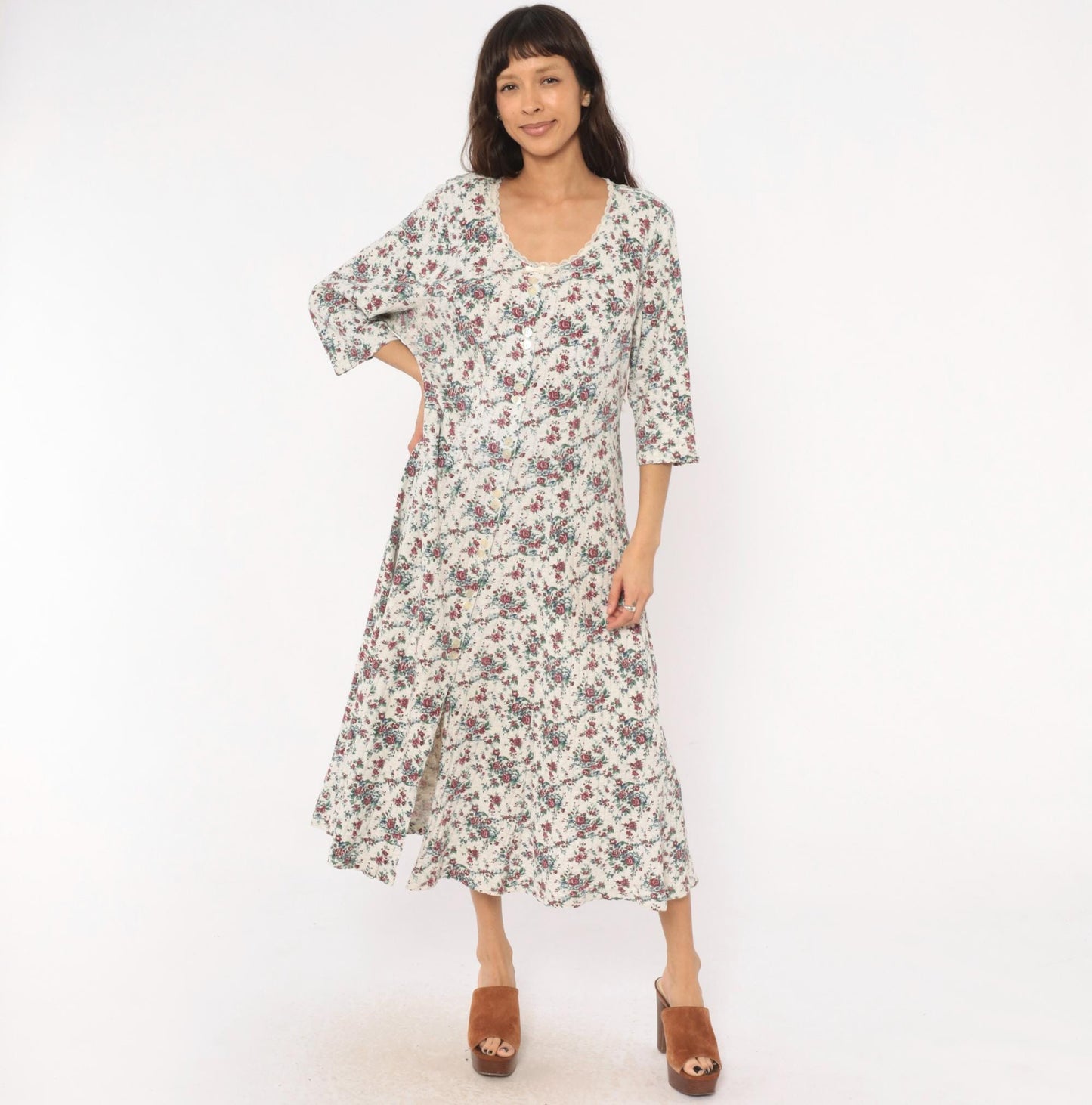 90s More En Focus Floral Midi Dress Bell Sleeve White Burgundy Large L