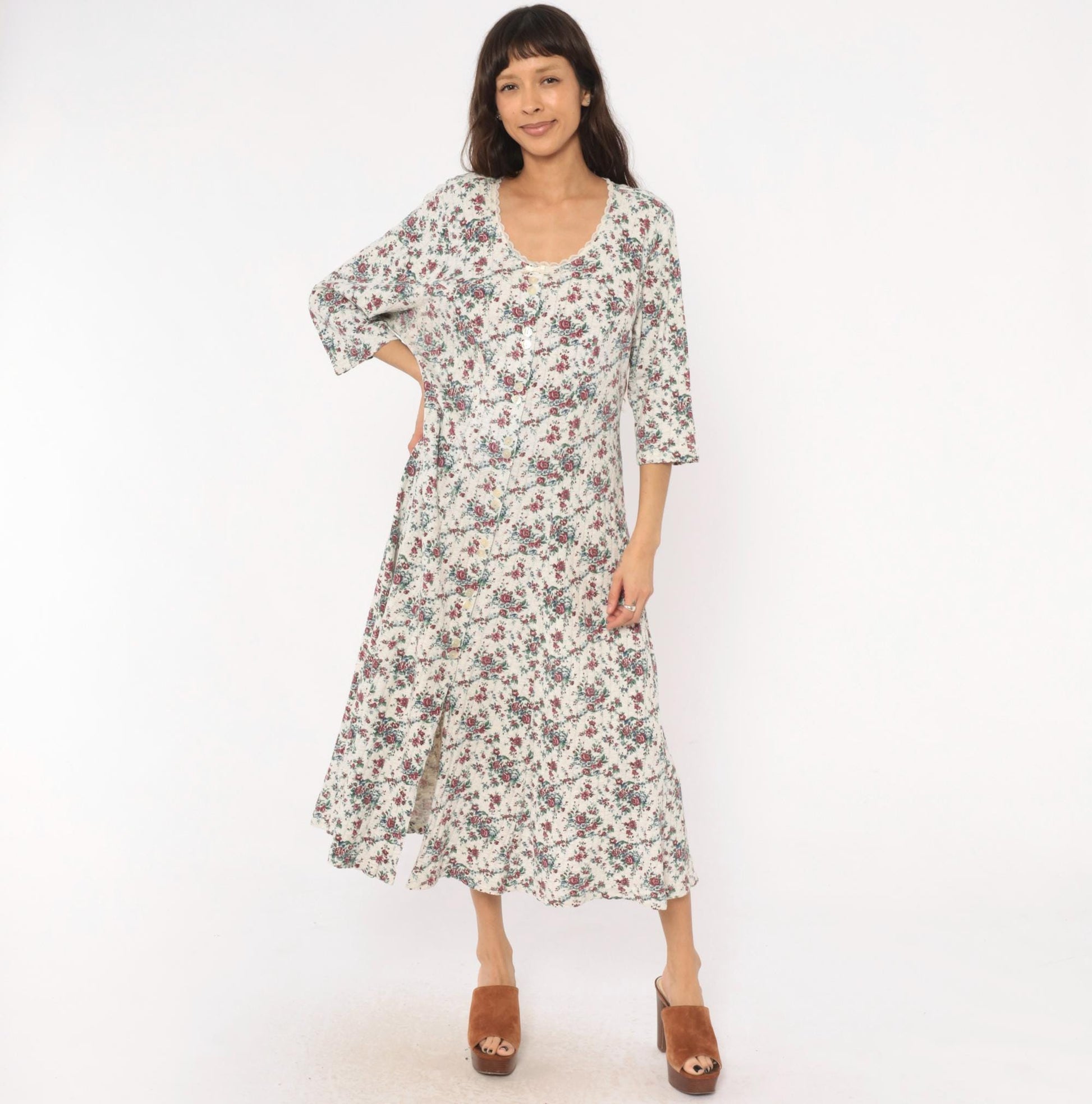 90s More En Focus Floral Midi Dress Bell Sleeve White Burgundy Large L
