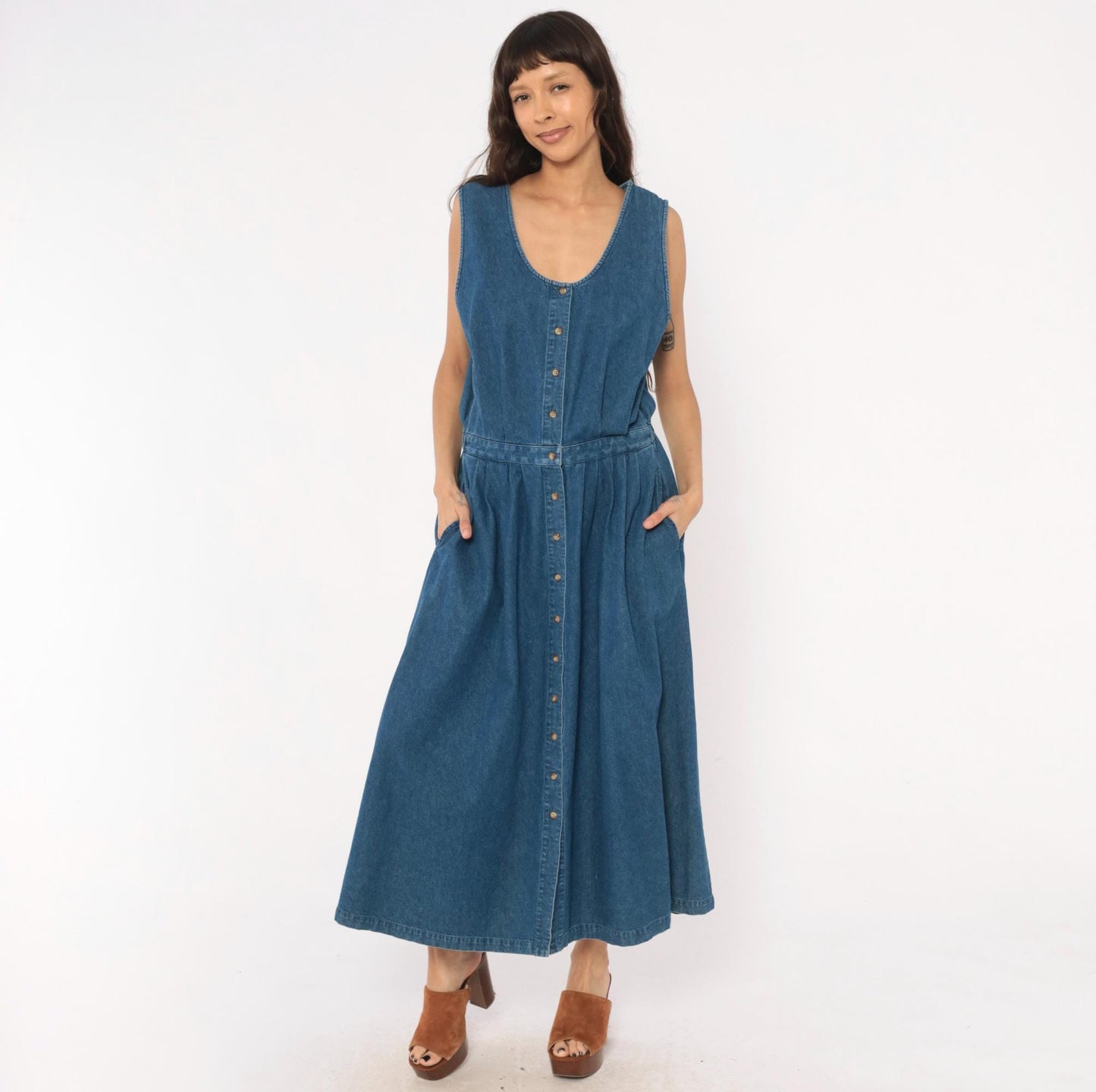 90s Eddie Bauer Denim Maxi Dress Sleeveless Button Front Blue Cotton Large L
