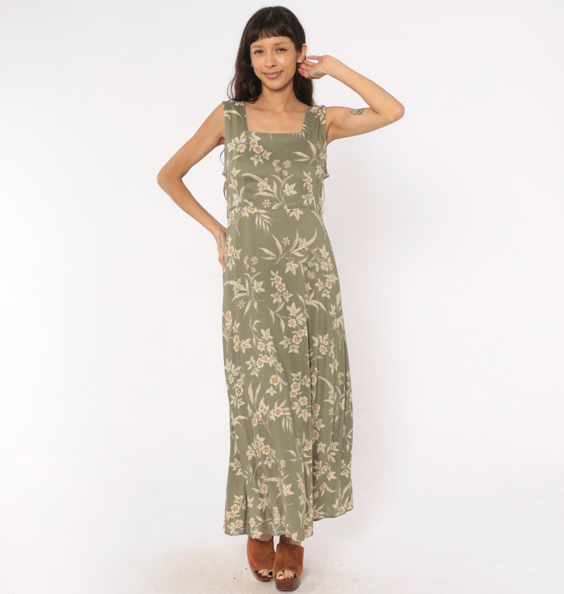90s Kathie Lee Olive Floral Maxi Dress Cream Botanical Fitted Waist Large L
