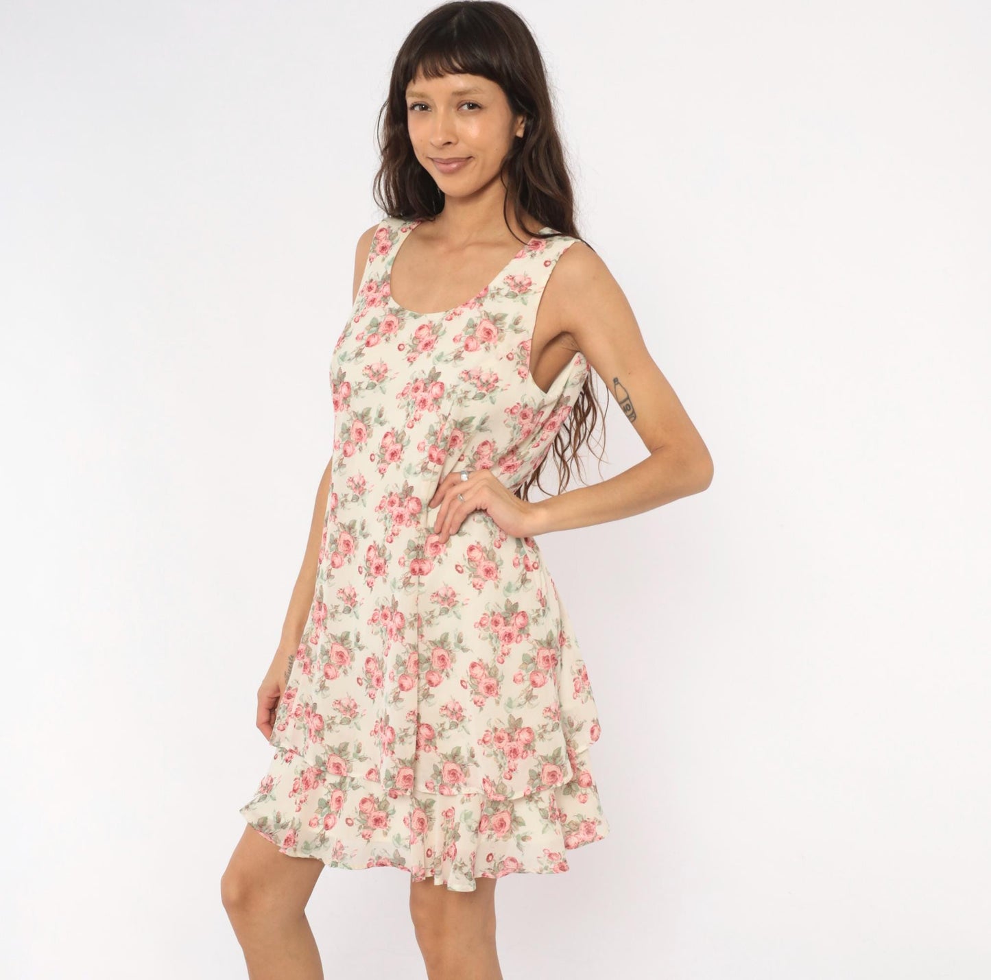 90s All That Jazz Rose Floral Sundress Cream Pink Scoop Neck Medium M