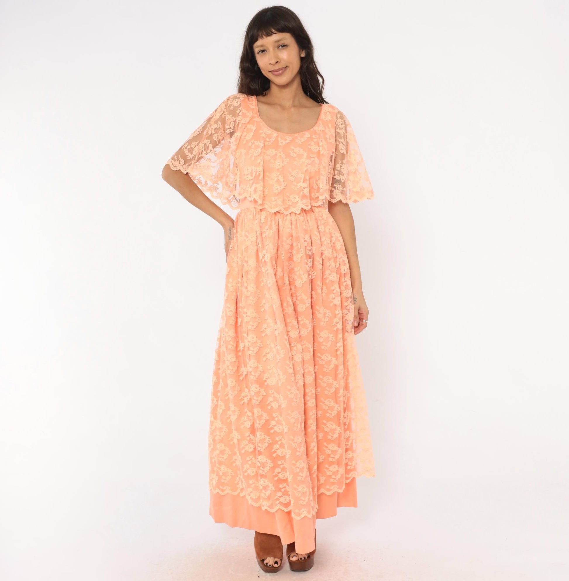 70s Peach Lace Maxi Dress Flutter Cape Sleeve Floral Overlay Small