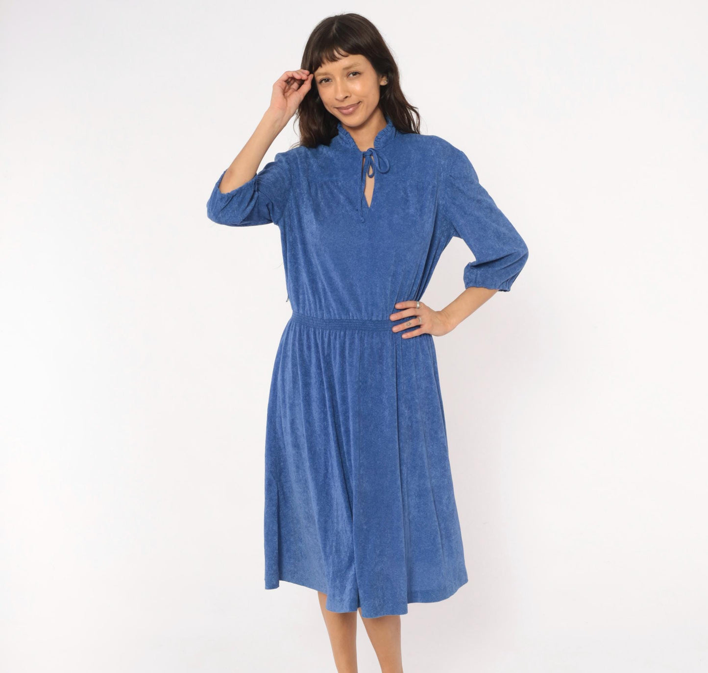 1970s Cobalt Terry Cloth Dress Tie Neck Puff Sleeve Flared Midi Large L