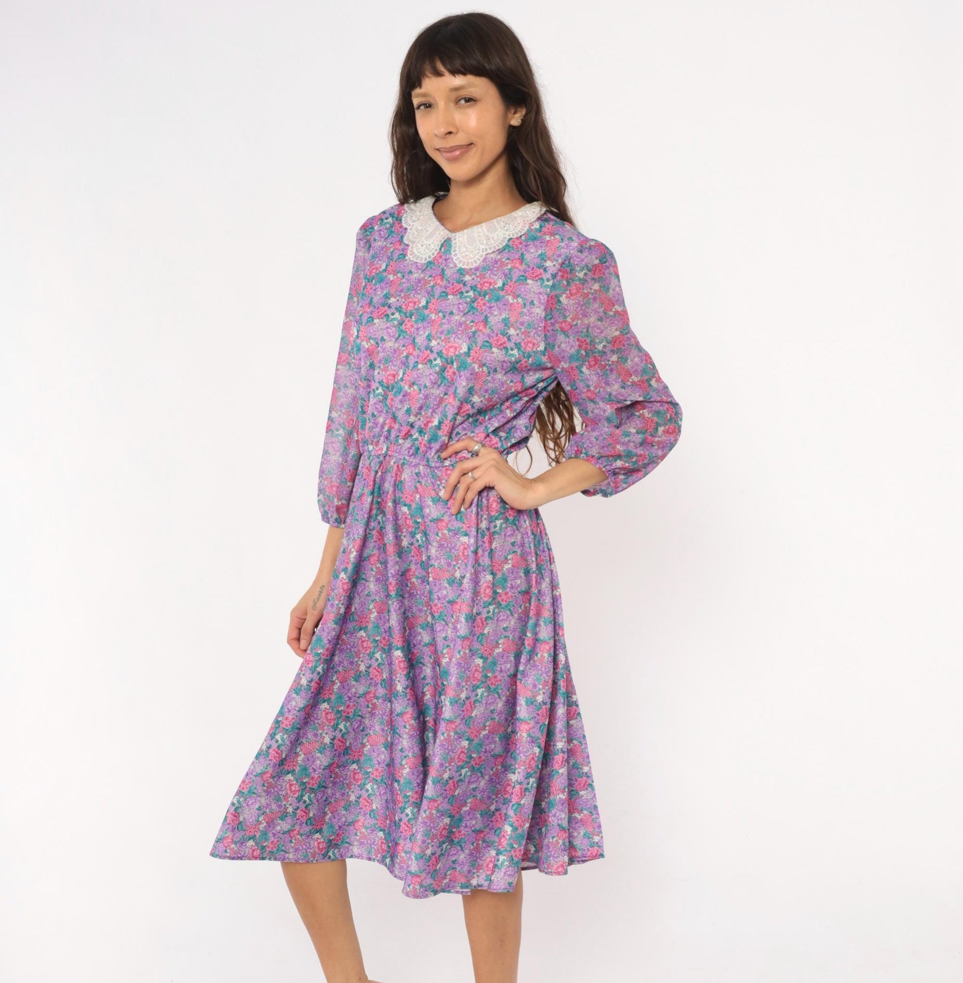 80s M.C.S.Ltd. Floral Midi Dress Puff Sleeve Peter Pan Collar Purple Large L