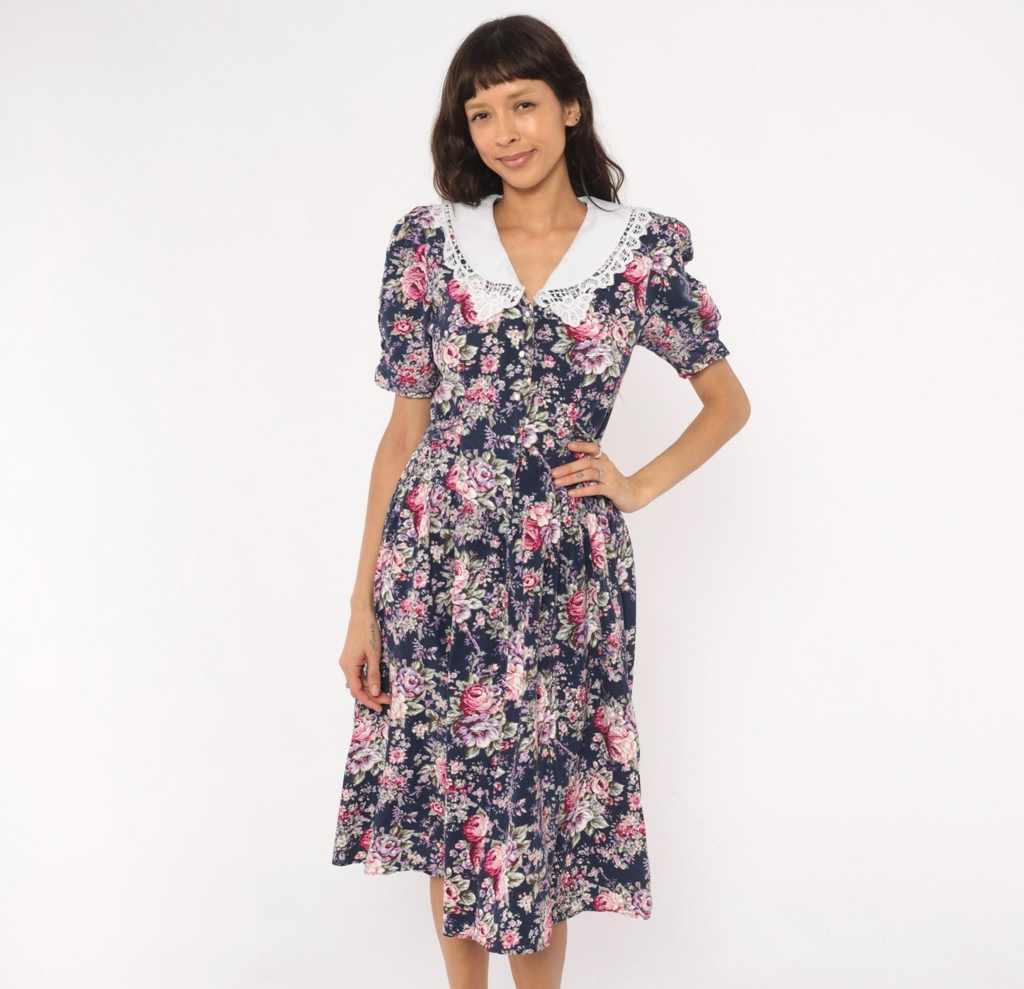 90s Especially Yours Navy Floral Midi Dress Lace Collar Puff Sleeve Medium M