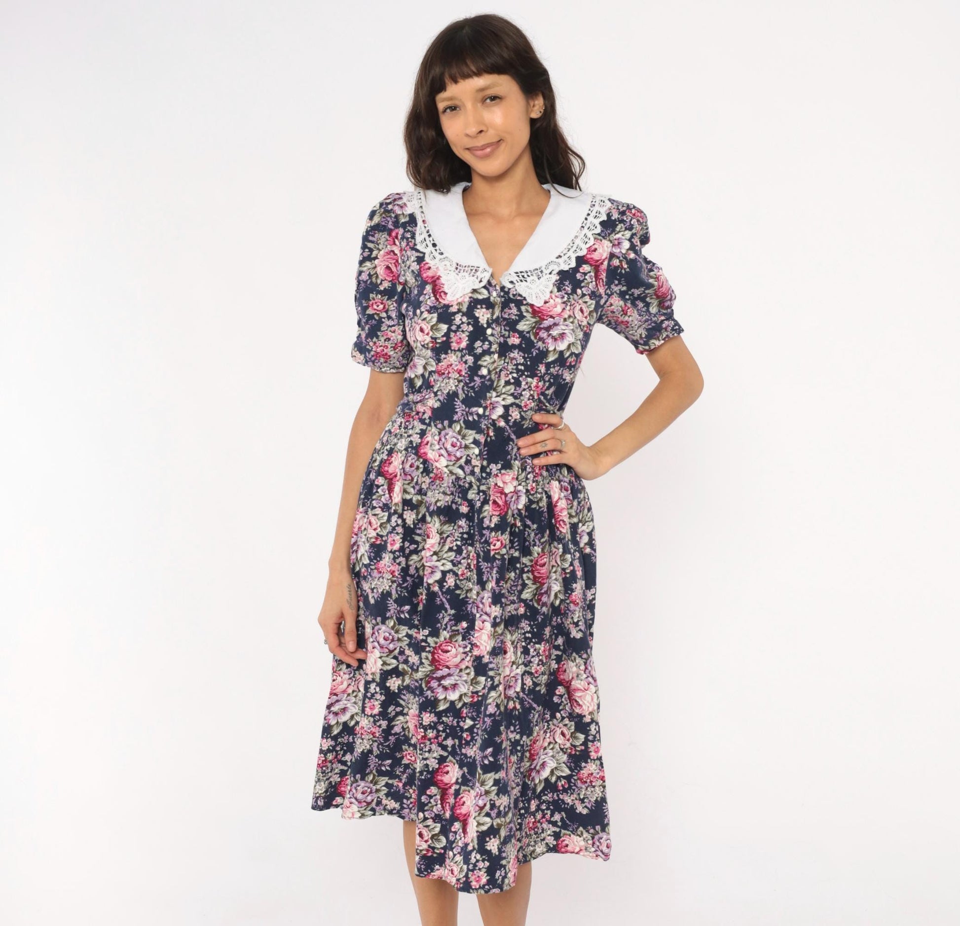 90s Especially Yours Navy Floral Midi Dress Lace Collar Puff Sleeve Medium M