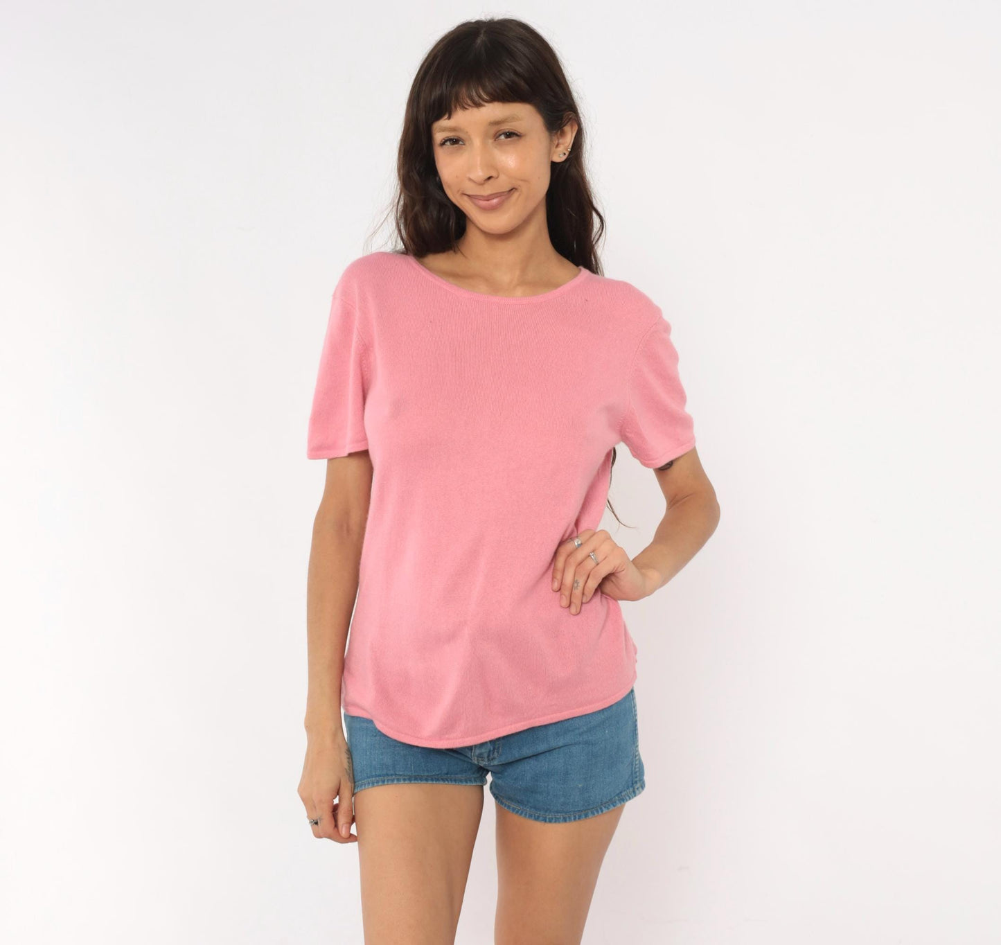 Y2K Rose Silk Cashmere Knit Tee Pink Scoop Neck Short Sleeve Large L