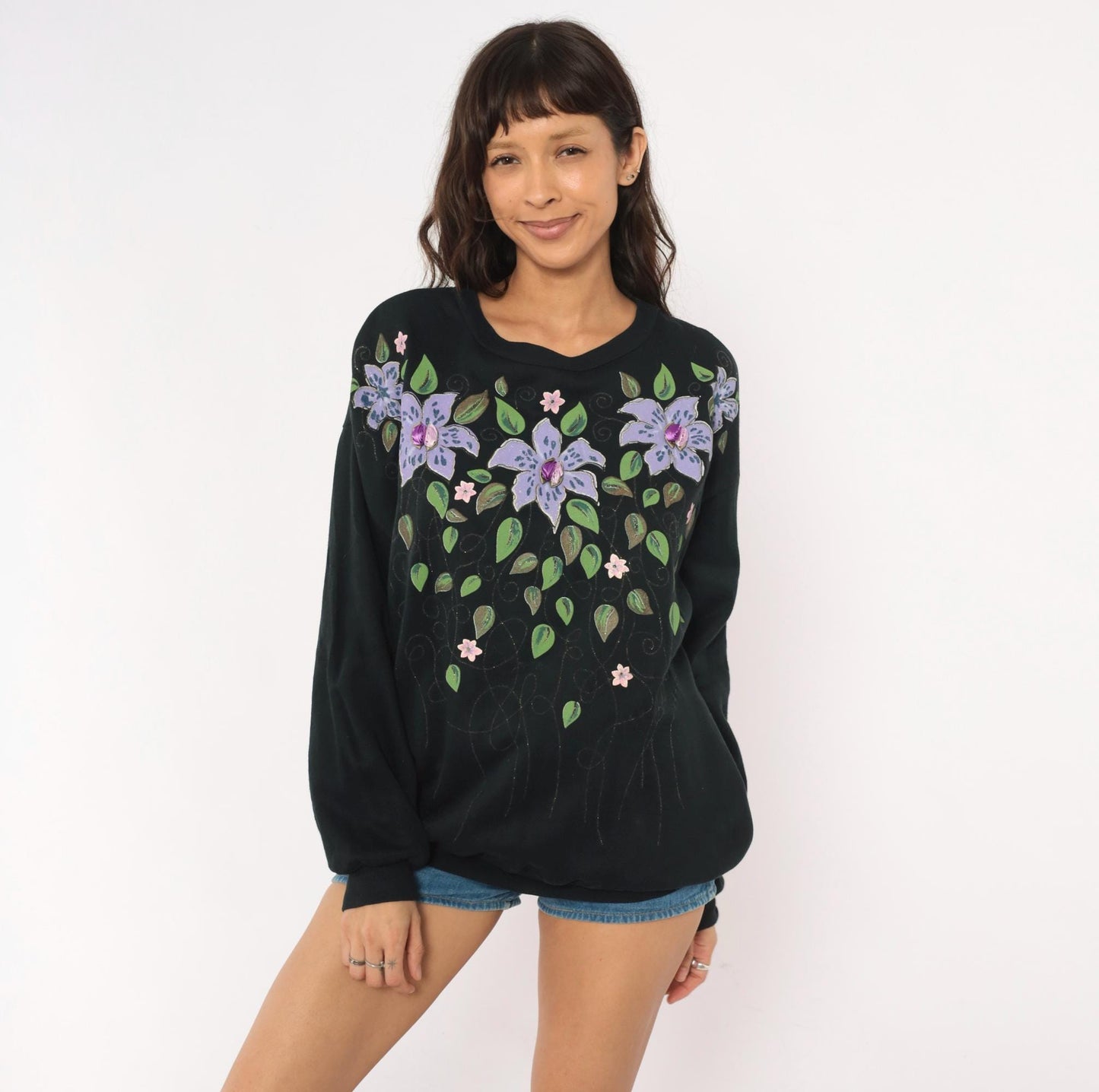 90s Cristin Stevens Floral Sweatshirt Black Purple Lily Jeweled Crewneck Large L