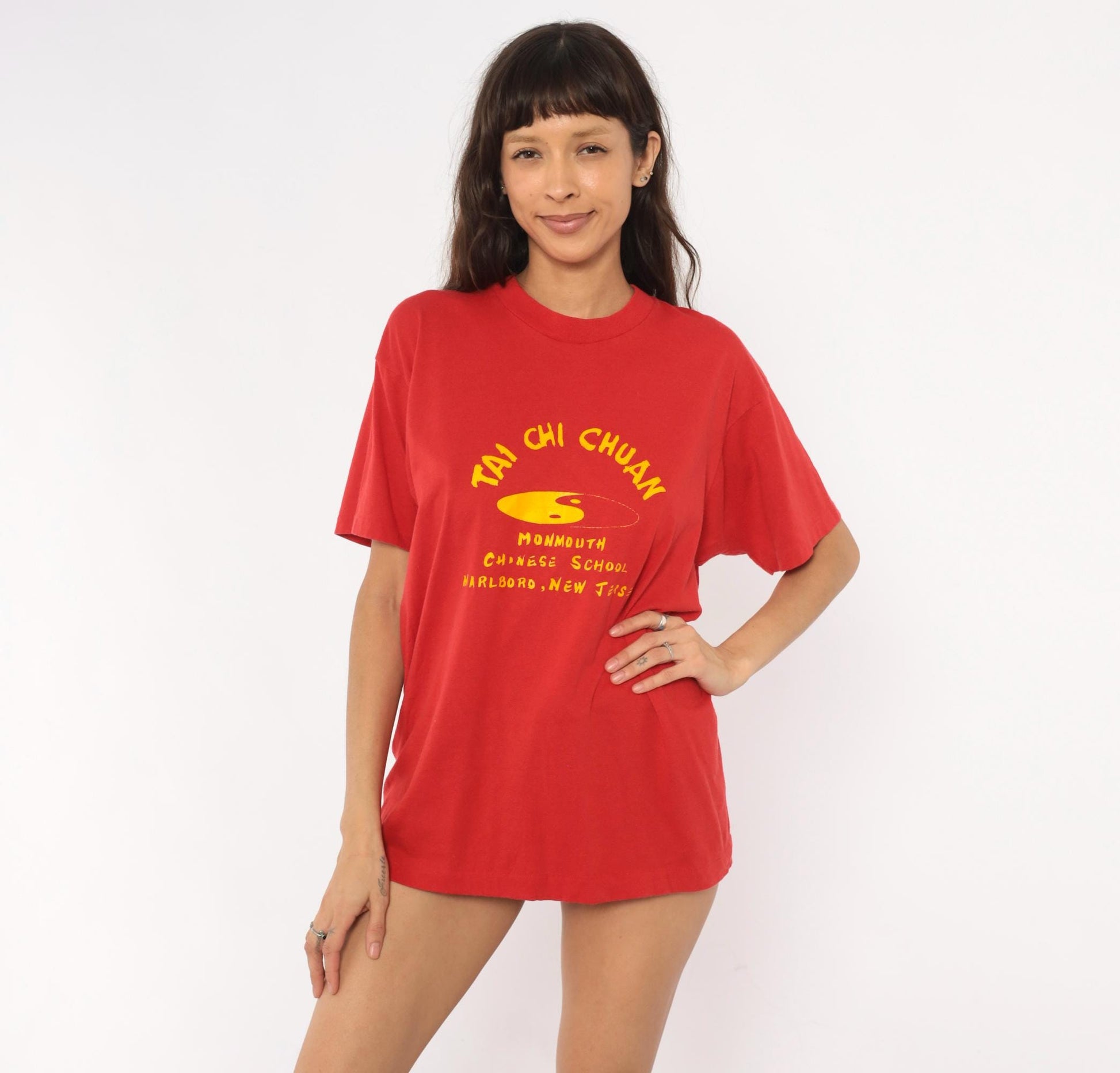 90s Screen Stars Tai Chi Chuan Graphic Tee Red Yellow Yin Yang Extra Large XL