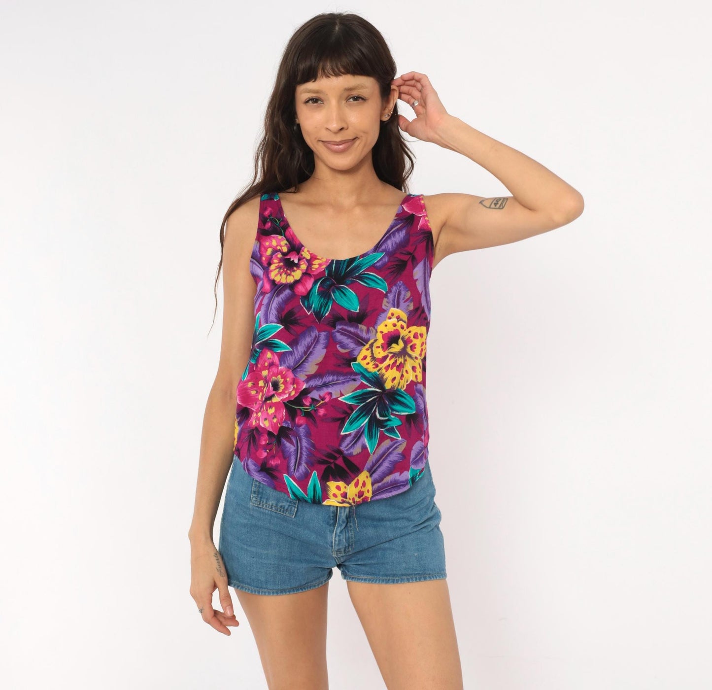 90s Judy Knapp Tropical Floral Tank Top Magenta Purple Rayon Extra Small XS