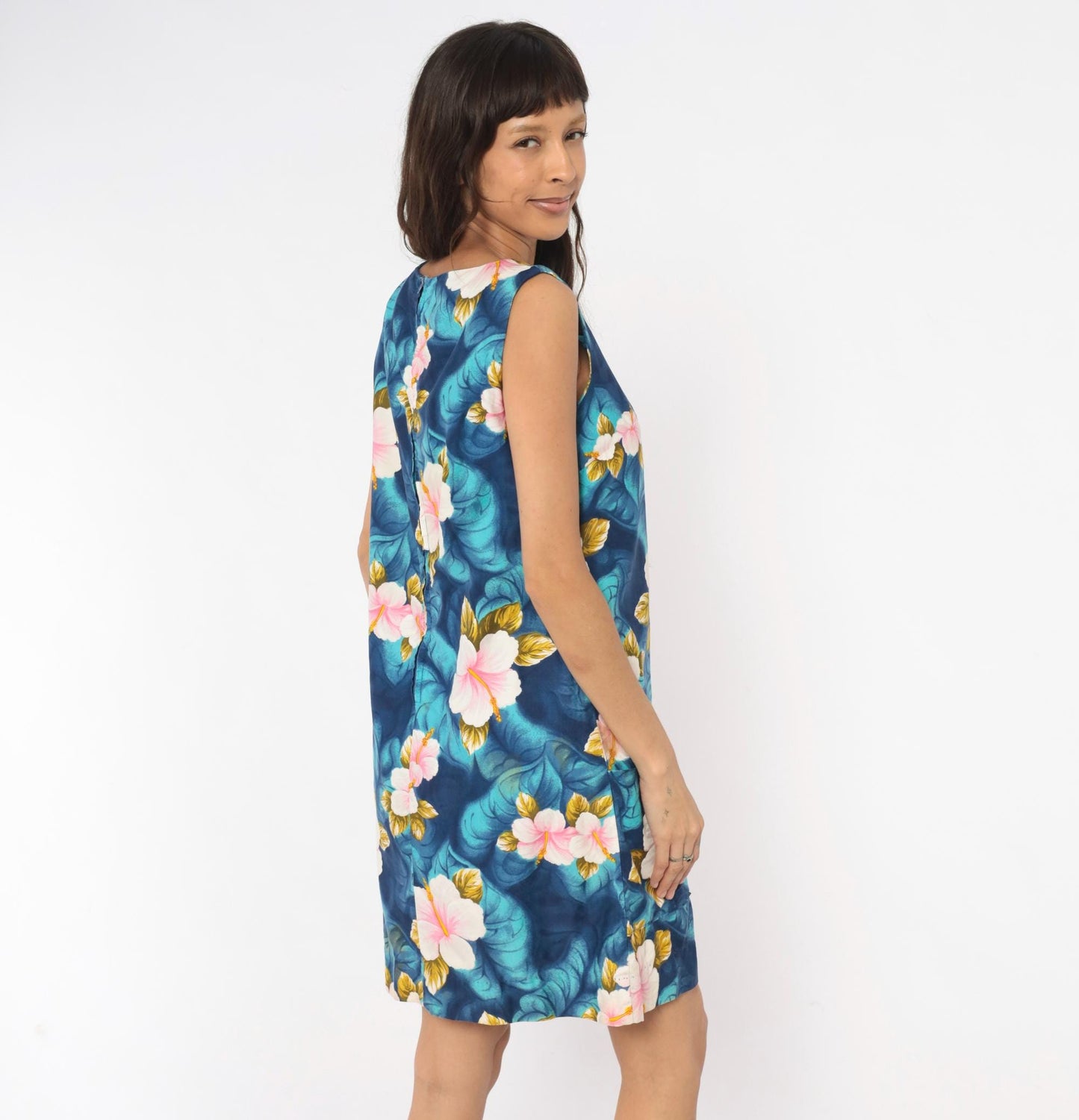 80s Hawaiian Hibiscus Shift Dress Navy Teal Pink Floral Cotton Medium