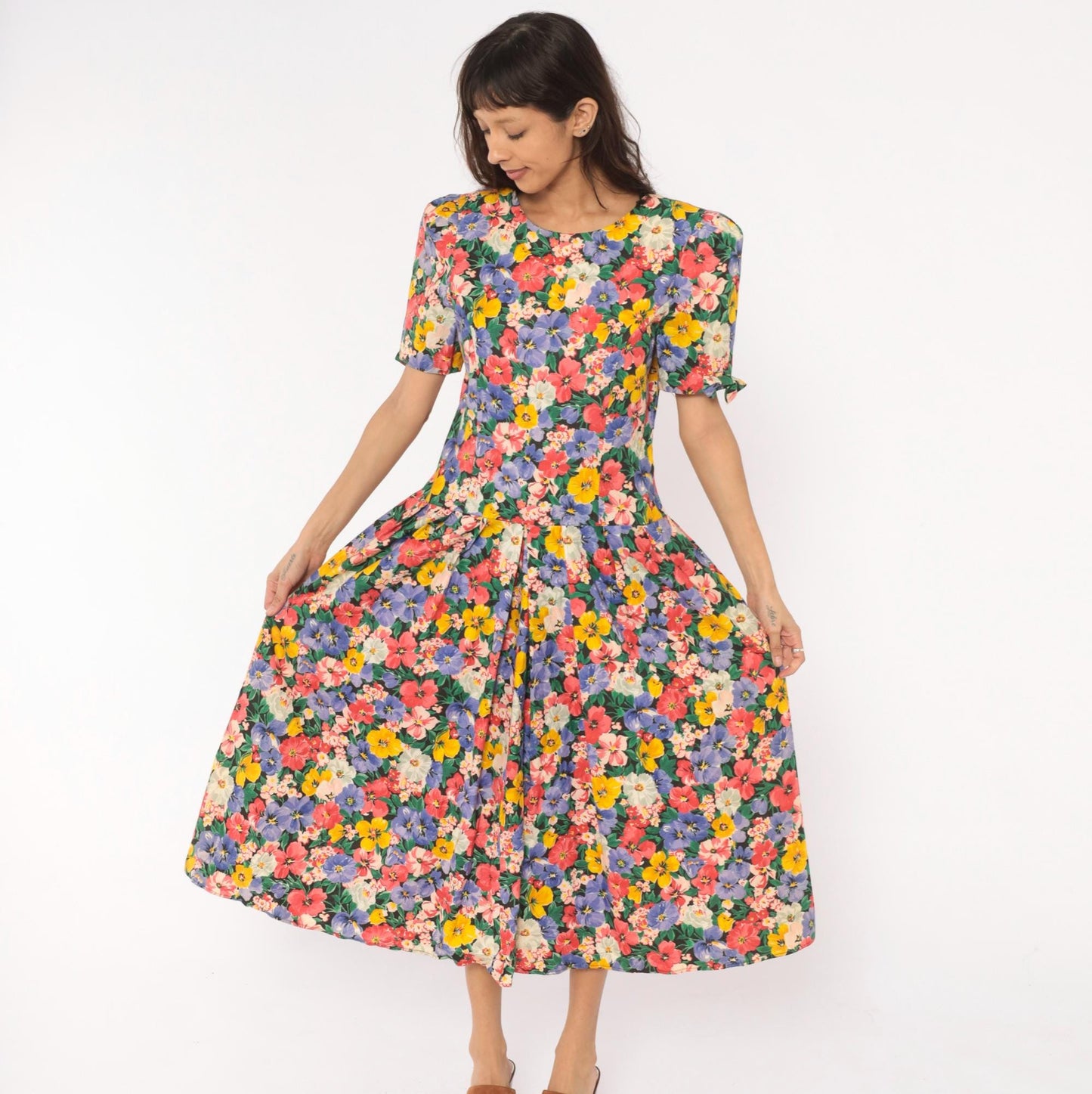 90s Kwai Floral Midi Dress Cutout Back Puff Sleeve Cotton Medium M