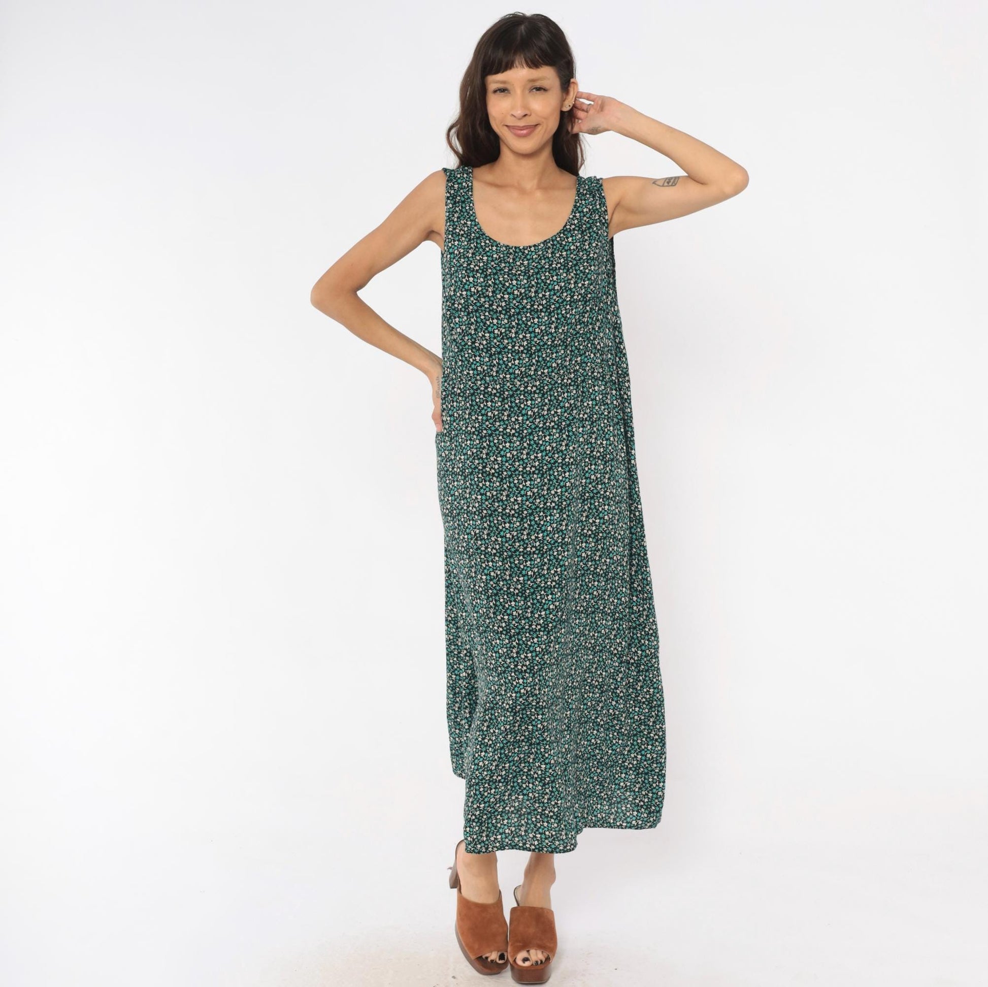 90s Teddi Woman Ditsy Floral Maxi Dress Teal Cream Black Tank Plus Size XXL