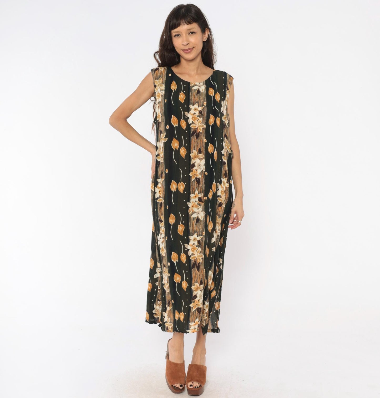 90s Sag Harbor Floral Maxi Dress Olive Green Cream Leaves Large L