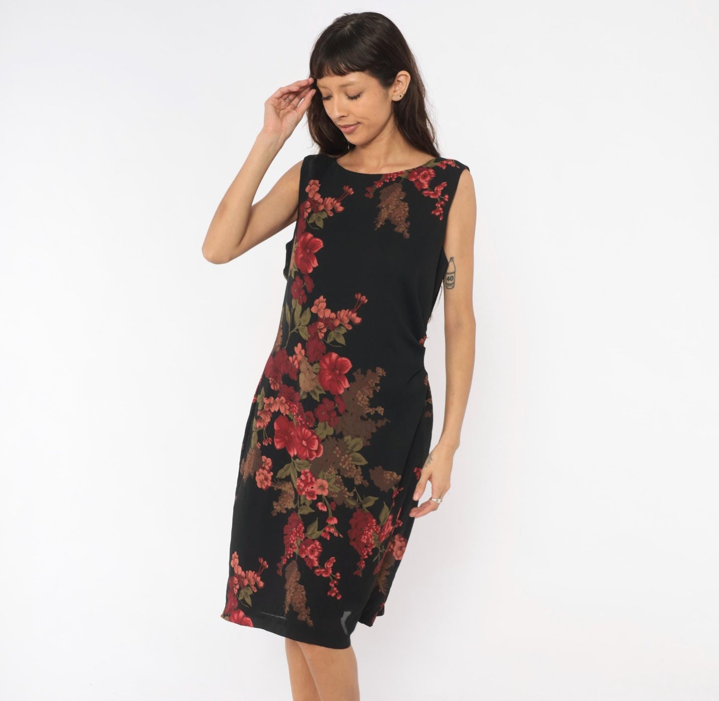 90s David Warren Floral Shift Dress Black Red Roses Knee-Length Large L