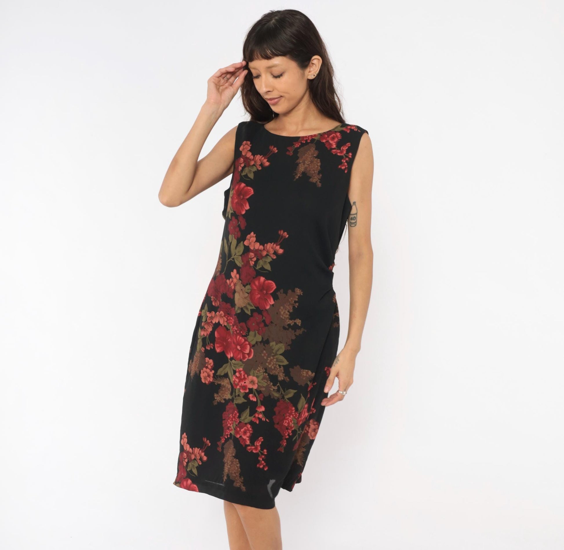 90s David Warren Floral Shift Dress Black Red Roses Knee-Length Large L