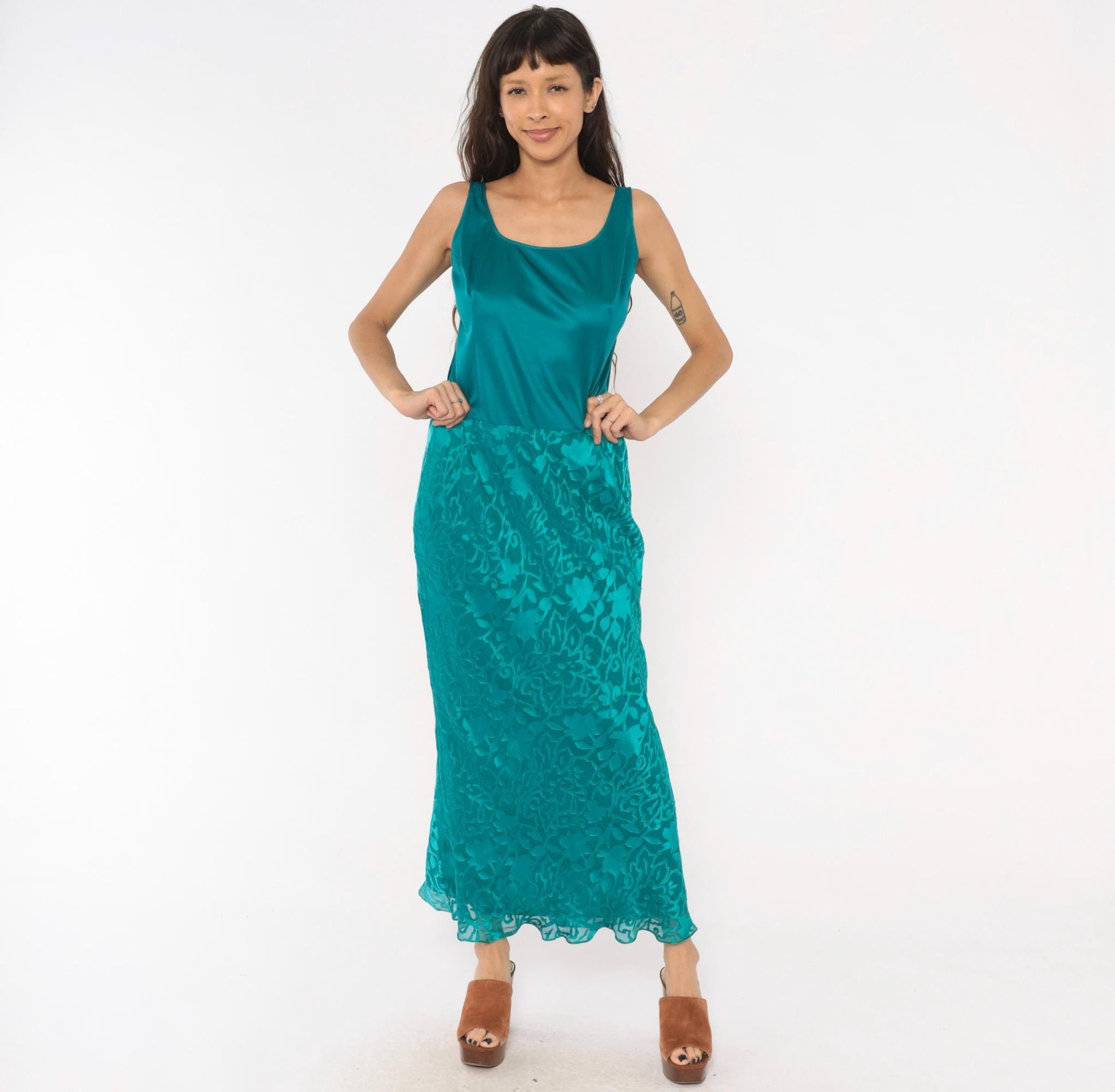 Y2K Cattiva Teal Silk Burnout Maxi Dress Floral Devore Scoop Neck Medium M