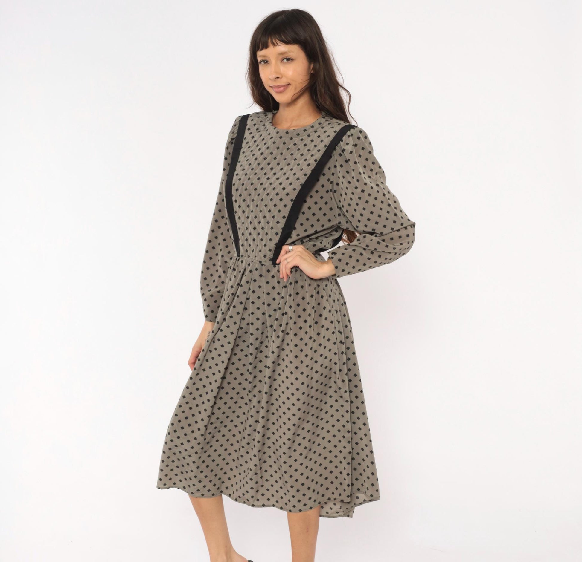 80s Donna Morgan Diamond Print Midi Dress Grey Balloon Sleeve Medium M