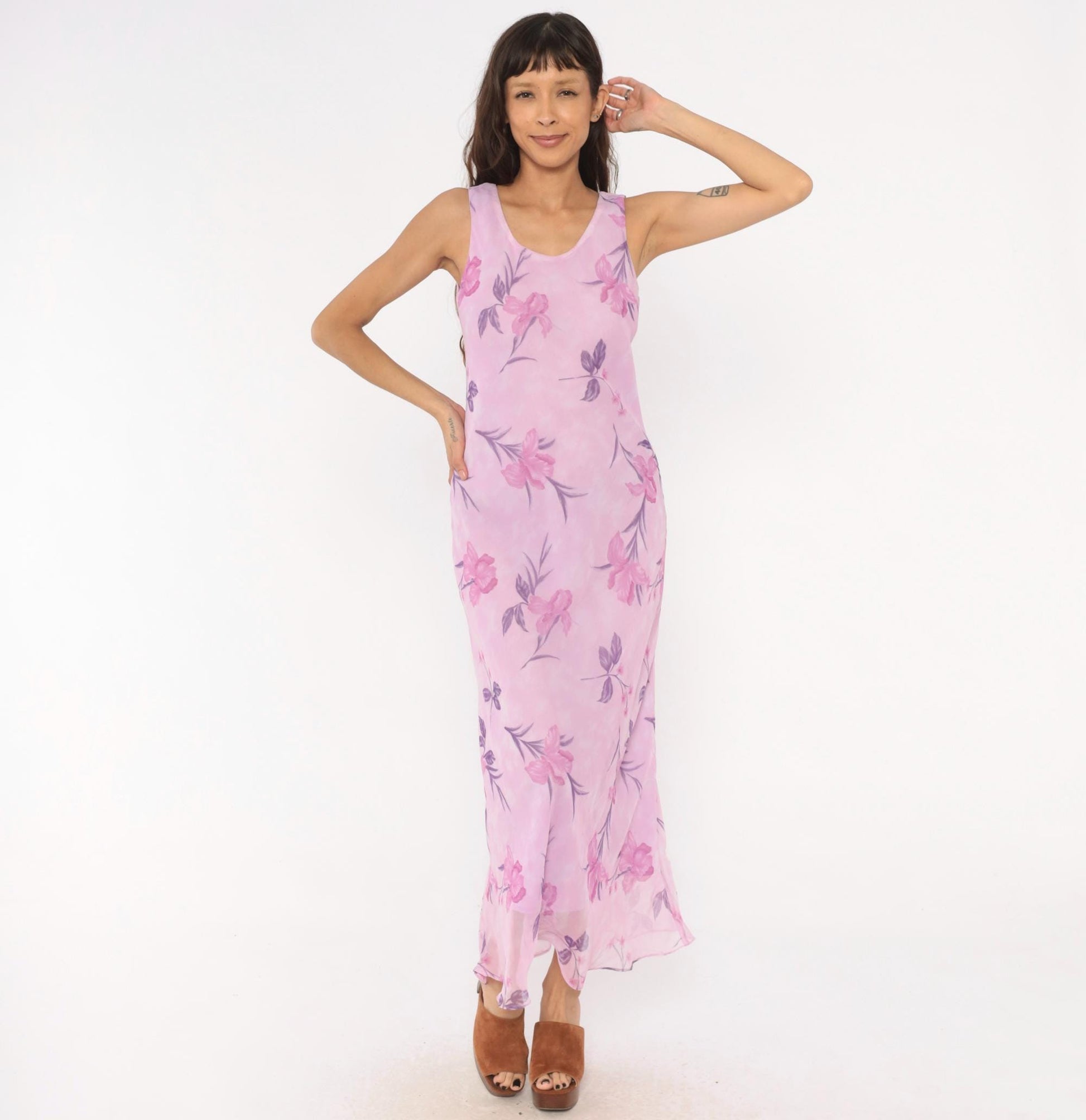 90s Sharon Max Lilac Floral Chiffon Maxi Dress Sleeveless Scoop Neck Small S