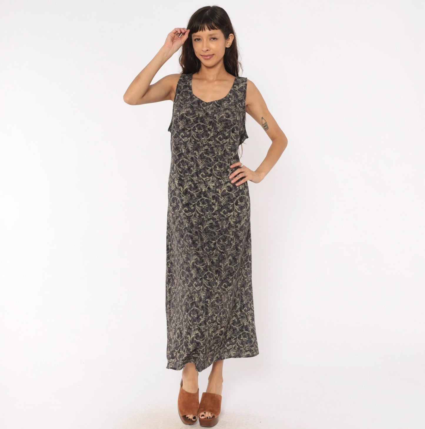 90s Worthington Baroque Maxi Dress Charcoal Floral Tank Tie Back Plus Size 1X