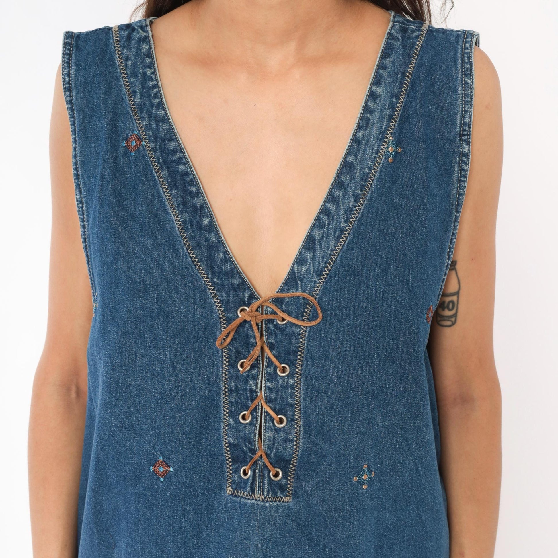 90s J.L. NY Southwestern Denim Dress Embroidered Lace-Up Navy Plus Size XXL