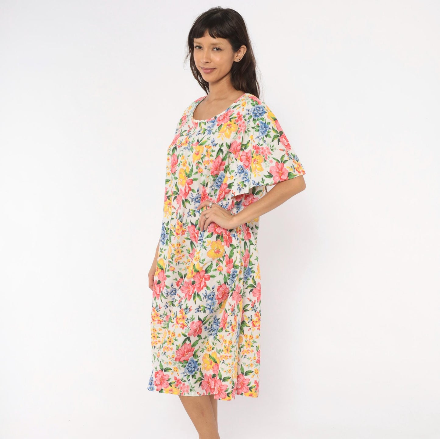 80s Floral Muumuu Dress Pink Yellow Blue Garden Print White Plus Size XXL