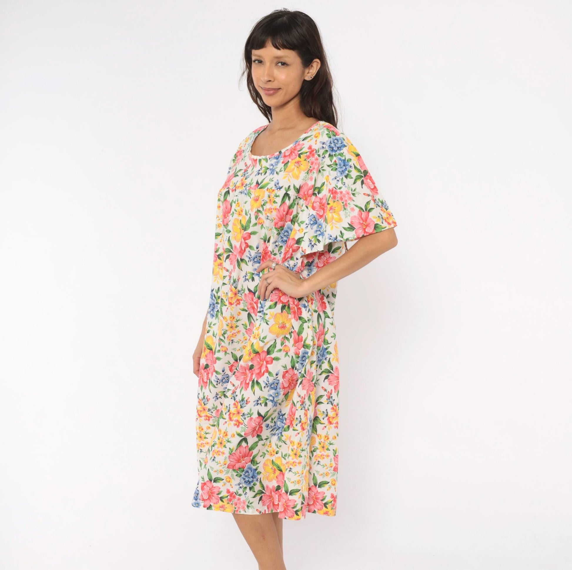 80s Floral Muumuu Dress Pink Yellow Blue Garden Print White Plus Size XXL