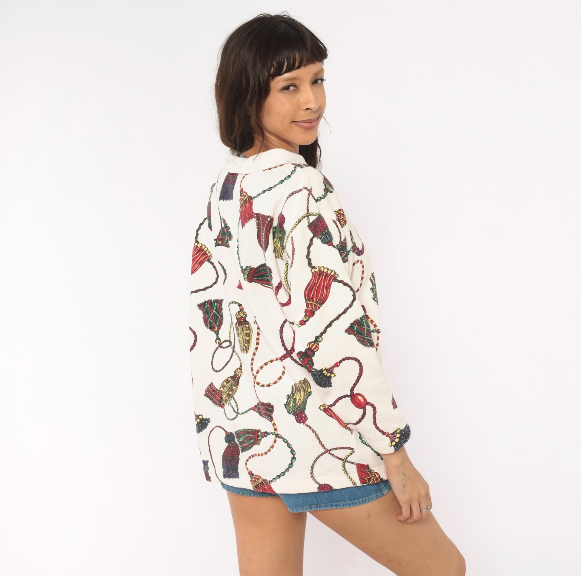 90s Cambridge Dry Goods Tassel Print Sweatshirt Cream Cowl Neck Small