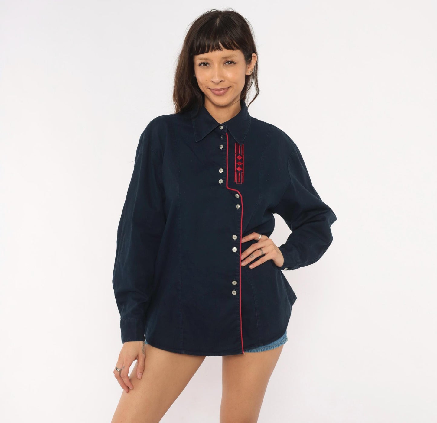 90s Wrangler Western Shirt Navy Blue Embroidered Diamond Snap Button Extra Large XL