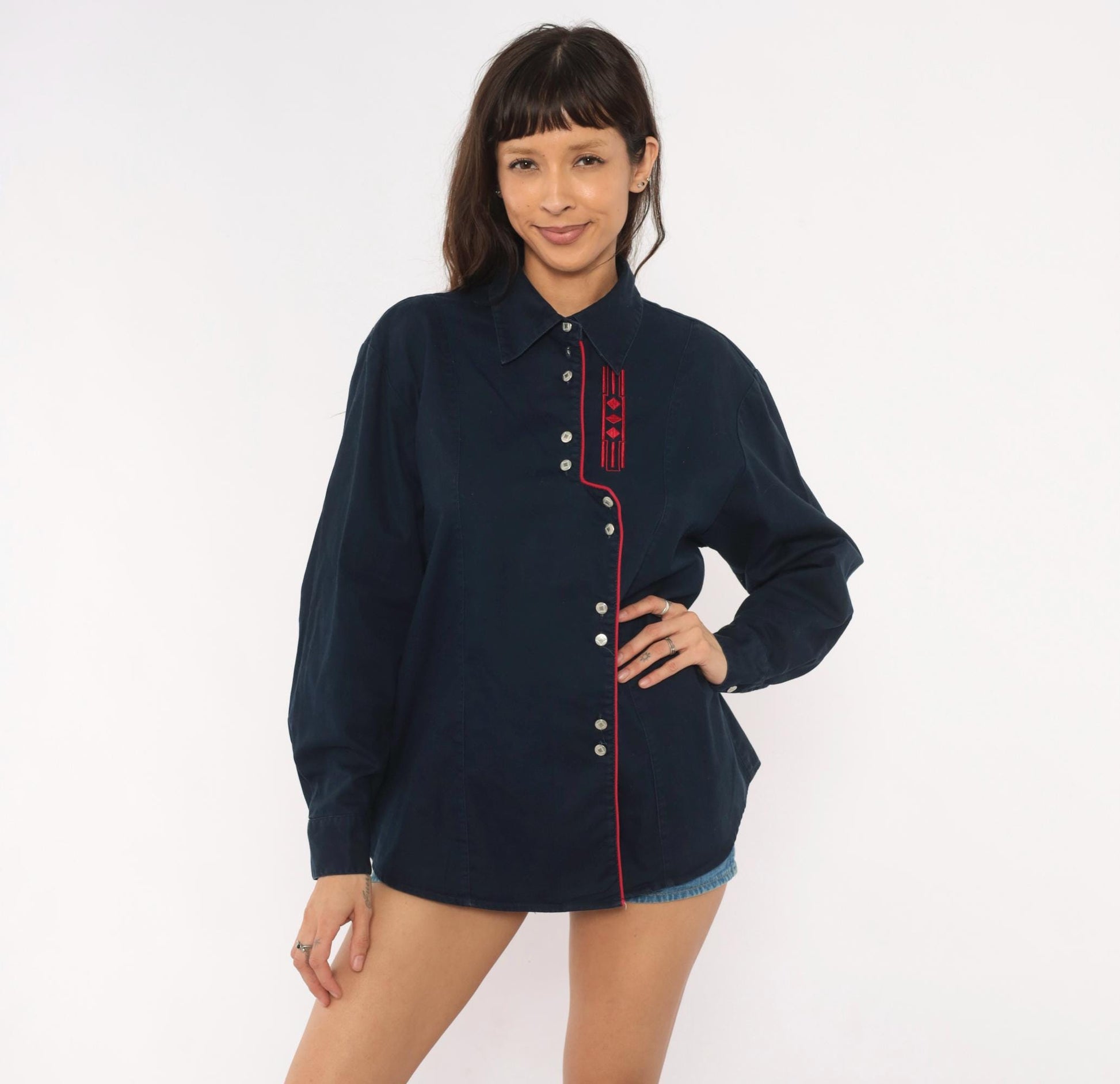 90s Wrangler Western Shirt Navy Blue Embroidered Diamond Snap Button Extra Large XL