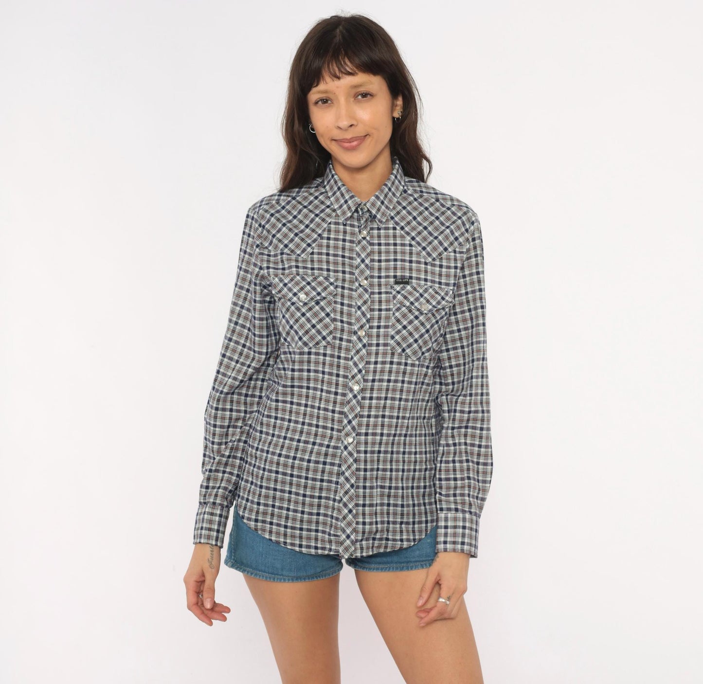 80s Stir Ups Western Plaid Pearl Snap Shirt Navy White Check Cotton Medium
