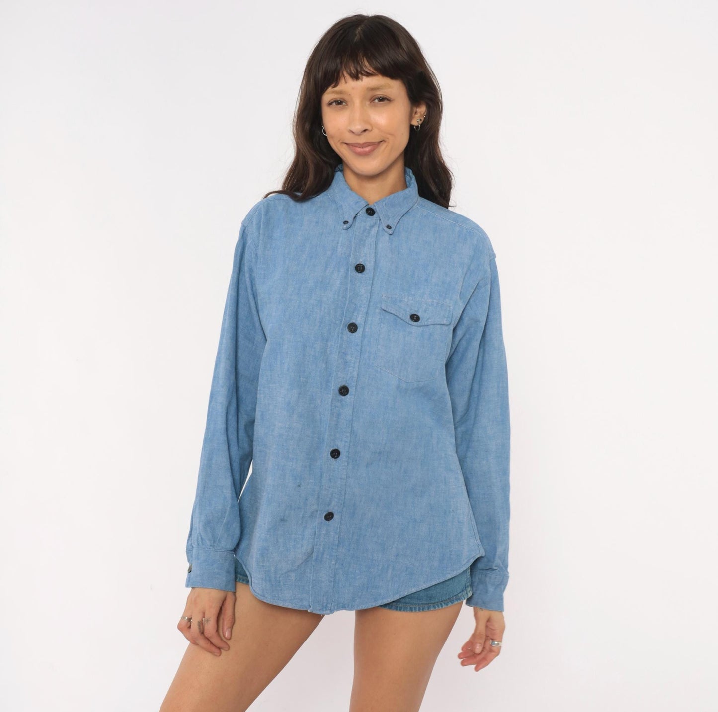 70s Blue Chambray Button Down Shirt Anchor Buttons Cotton Work Wear Medium