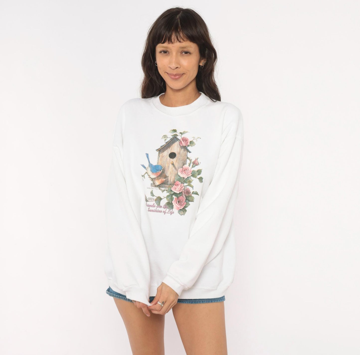 90s Birdhouse Roses Crewneck Sweatshirt White Graphic Floral Extra Large