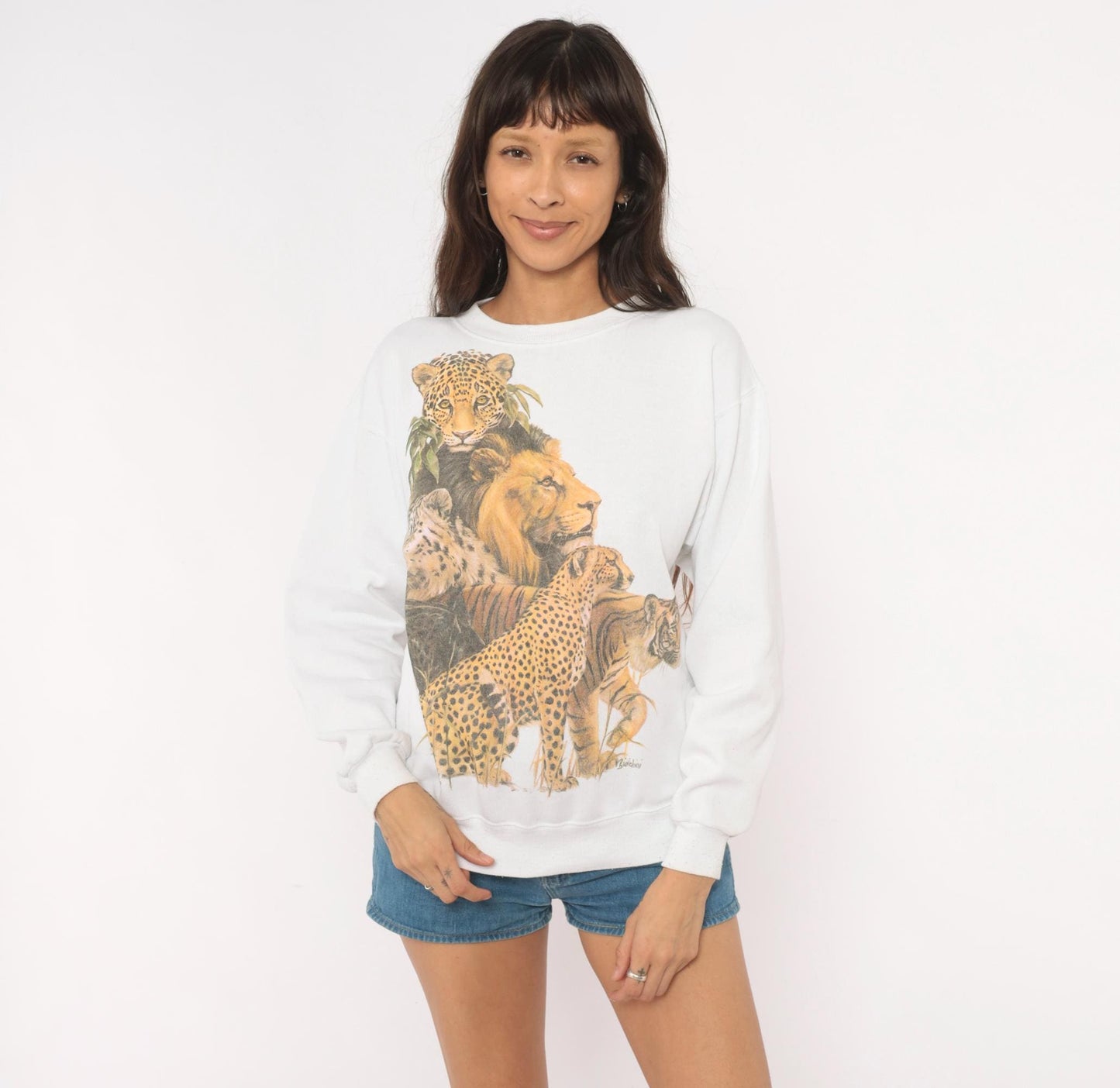 90s Big Cats Wildlife Sweatshirt Lion Leopard Tiger Cheetah White Cotton Medium