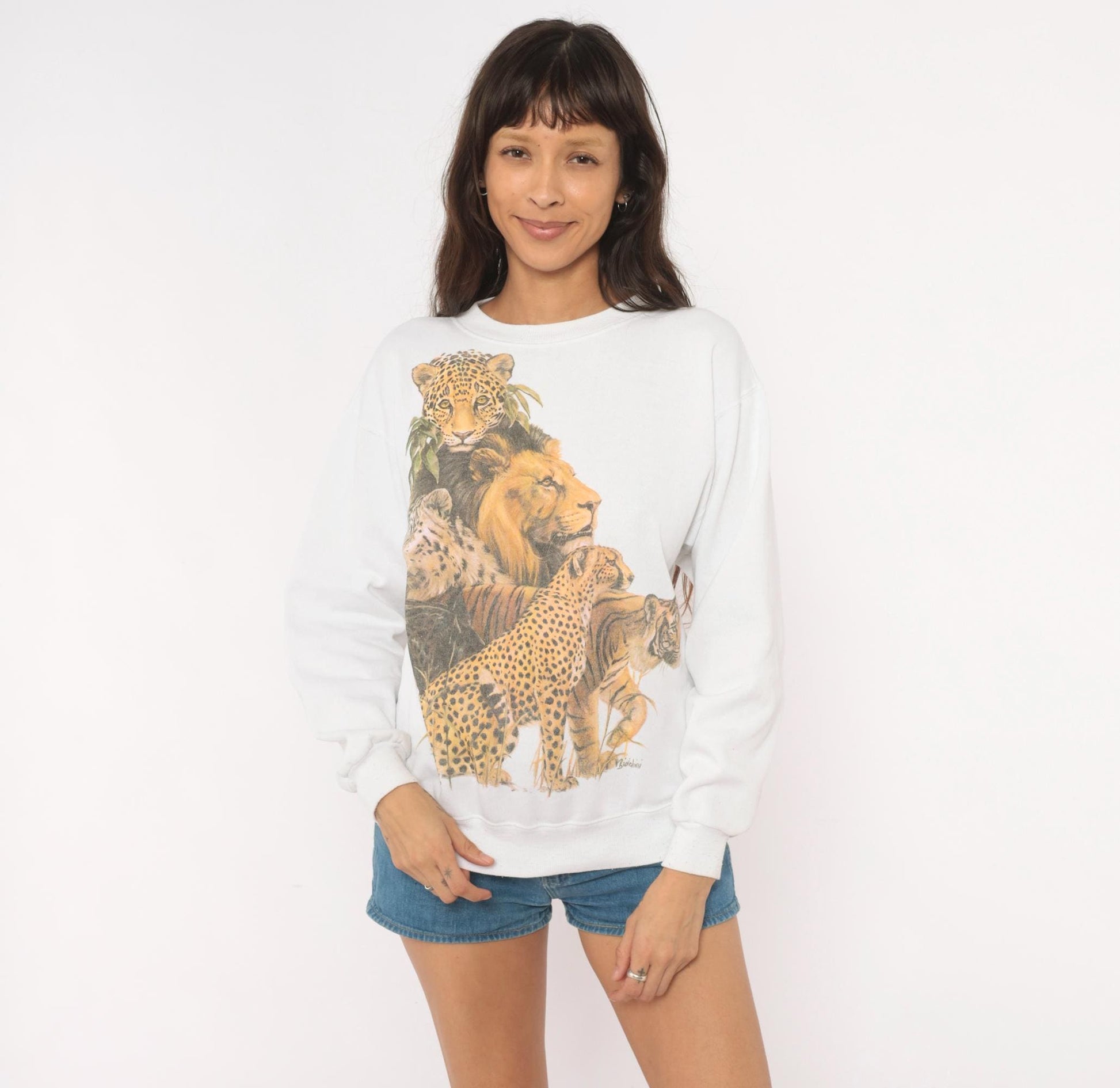 90s Big Cats Wildlife Sweatshirt Lion Leopard Tiger Cheetah White Cotton Medium
