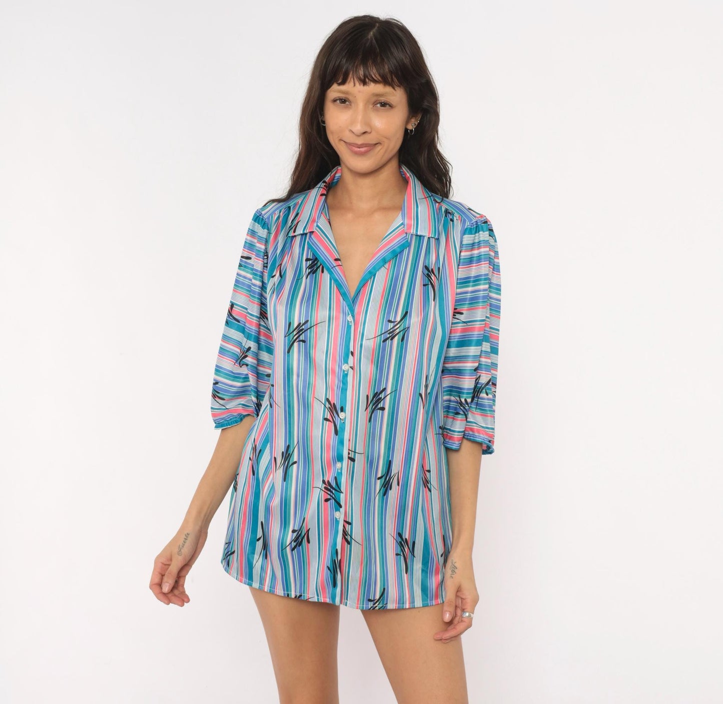 70s Illusions Striped Button Blouse Teal Pink Leaf Print Puff Sleeve Large