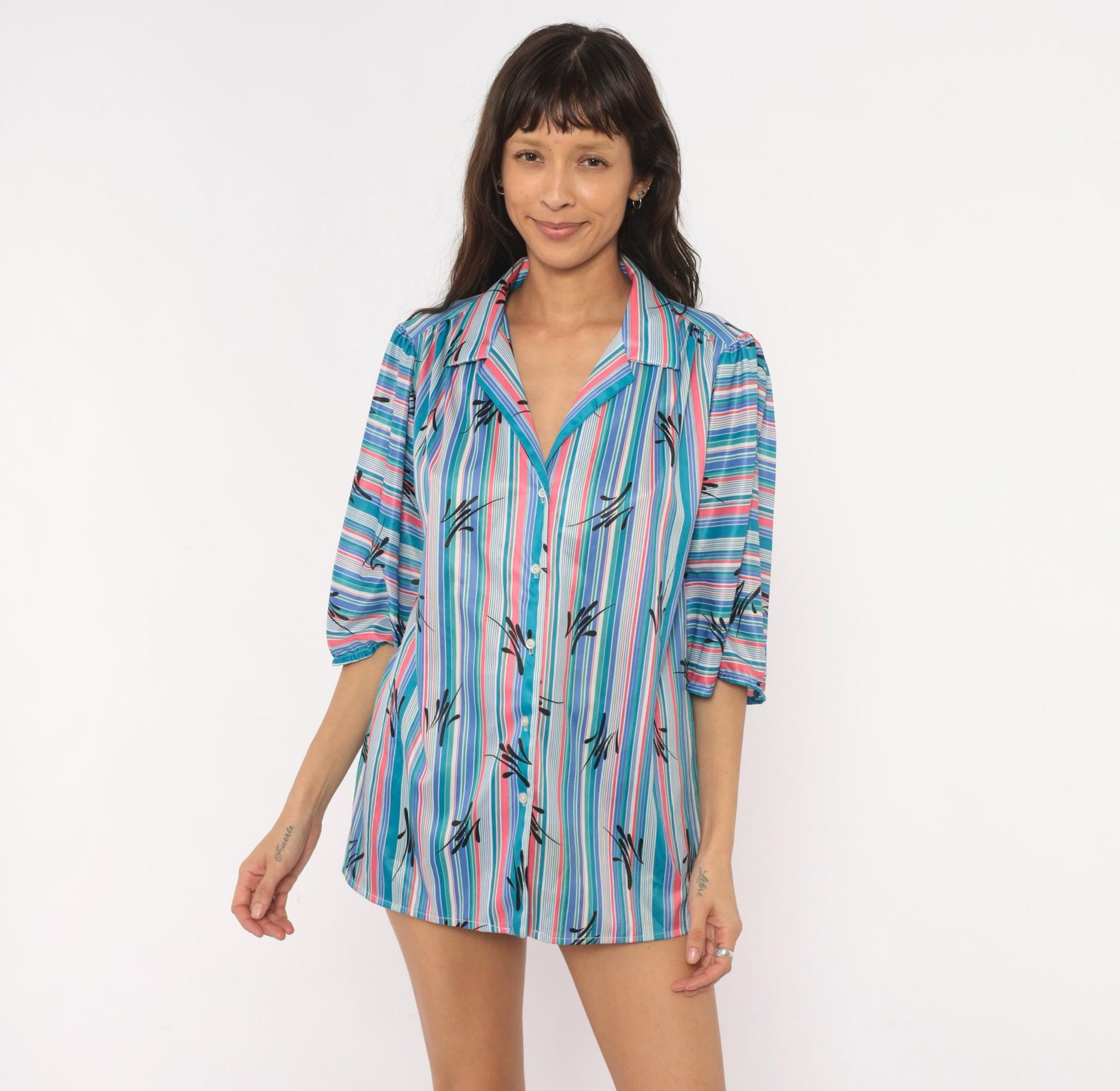 70s Illusions Striped Button Blouse Teal Pink Leaf Print Puff Sleeve Large