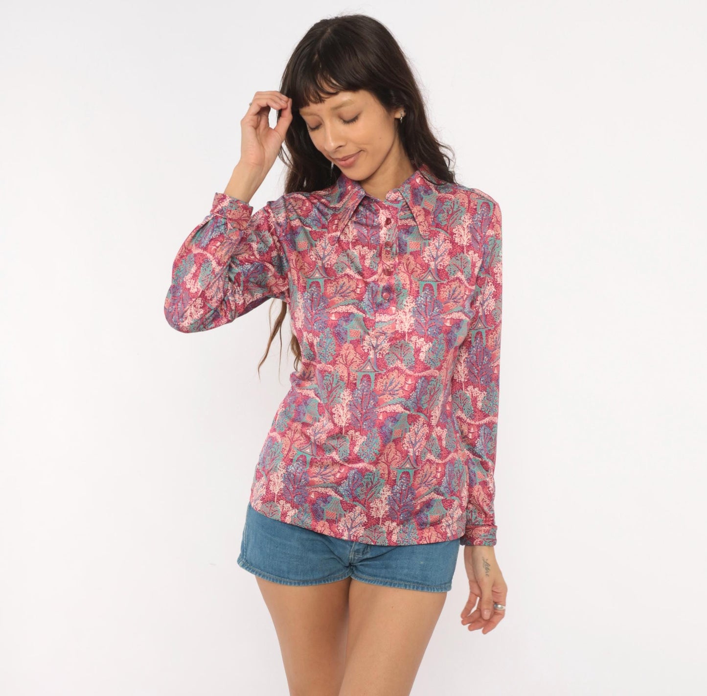 70s Pointillist Tree Blouse Pink Teal Woodland Polo Collar Bishop Sleeve Medium