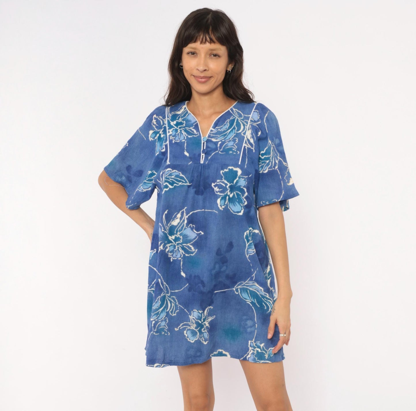 80s Sidan Blue Floral Shift Dress Flutter Sleeve Empire Waist Medium M
