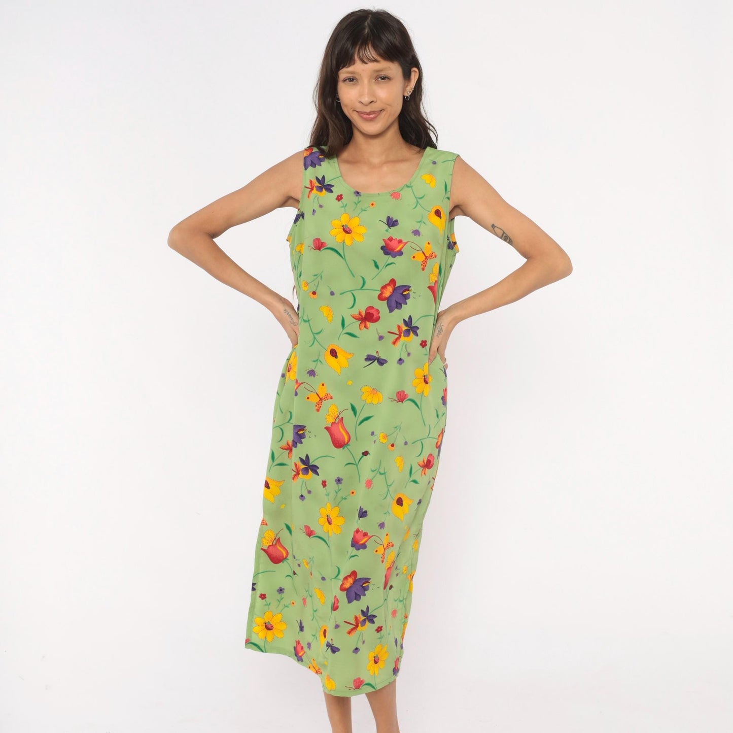 90s Sag Harbor Garden Print Midi Dress Sage Green Floral Petite Large